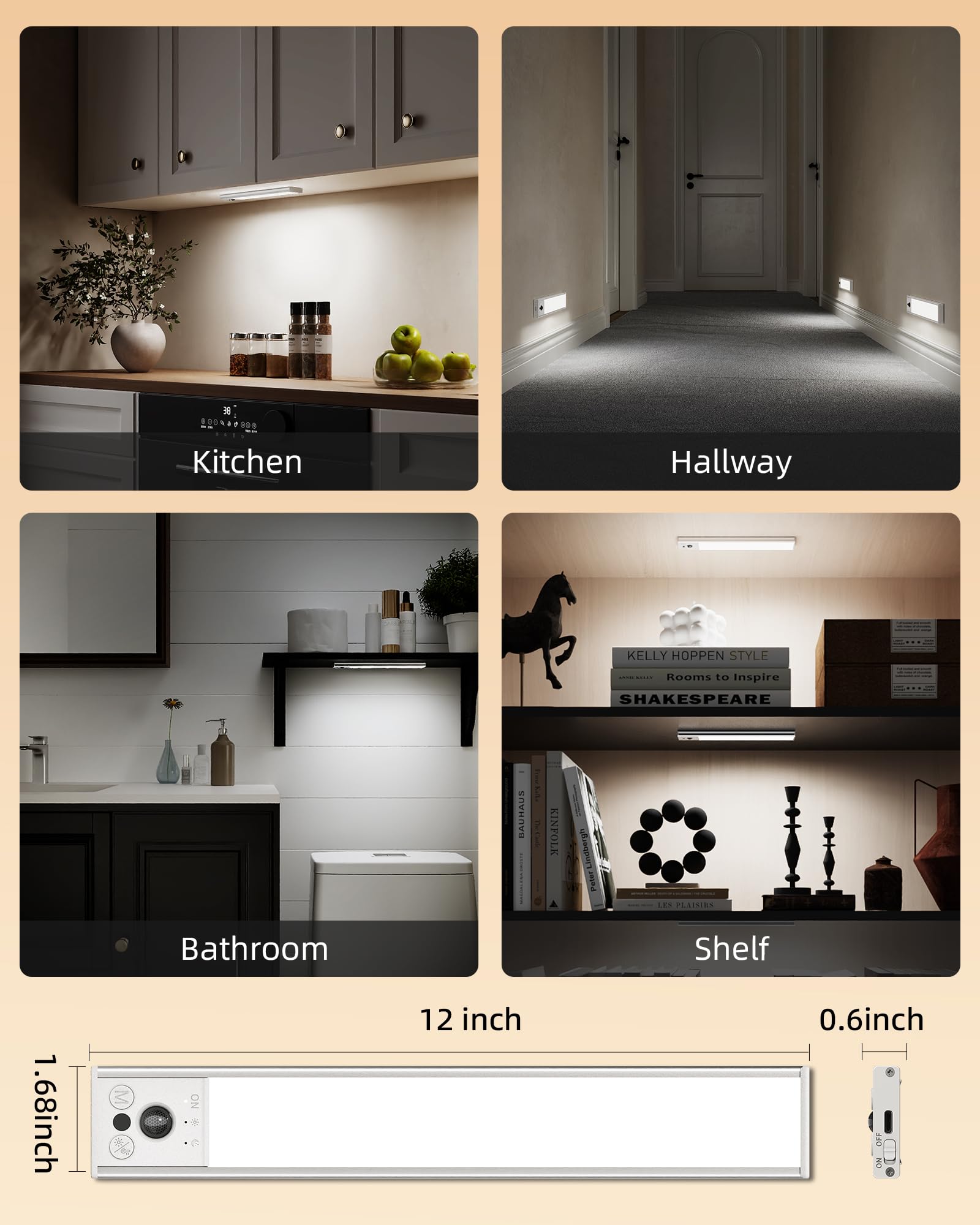 EZVALO 12" Under Cabinet Lighting - Rechargeable Motion Sensor, Dimmable, Magnetic, 3 Color Temperatures, Aluminum (2 Pack)