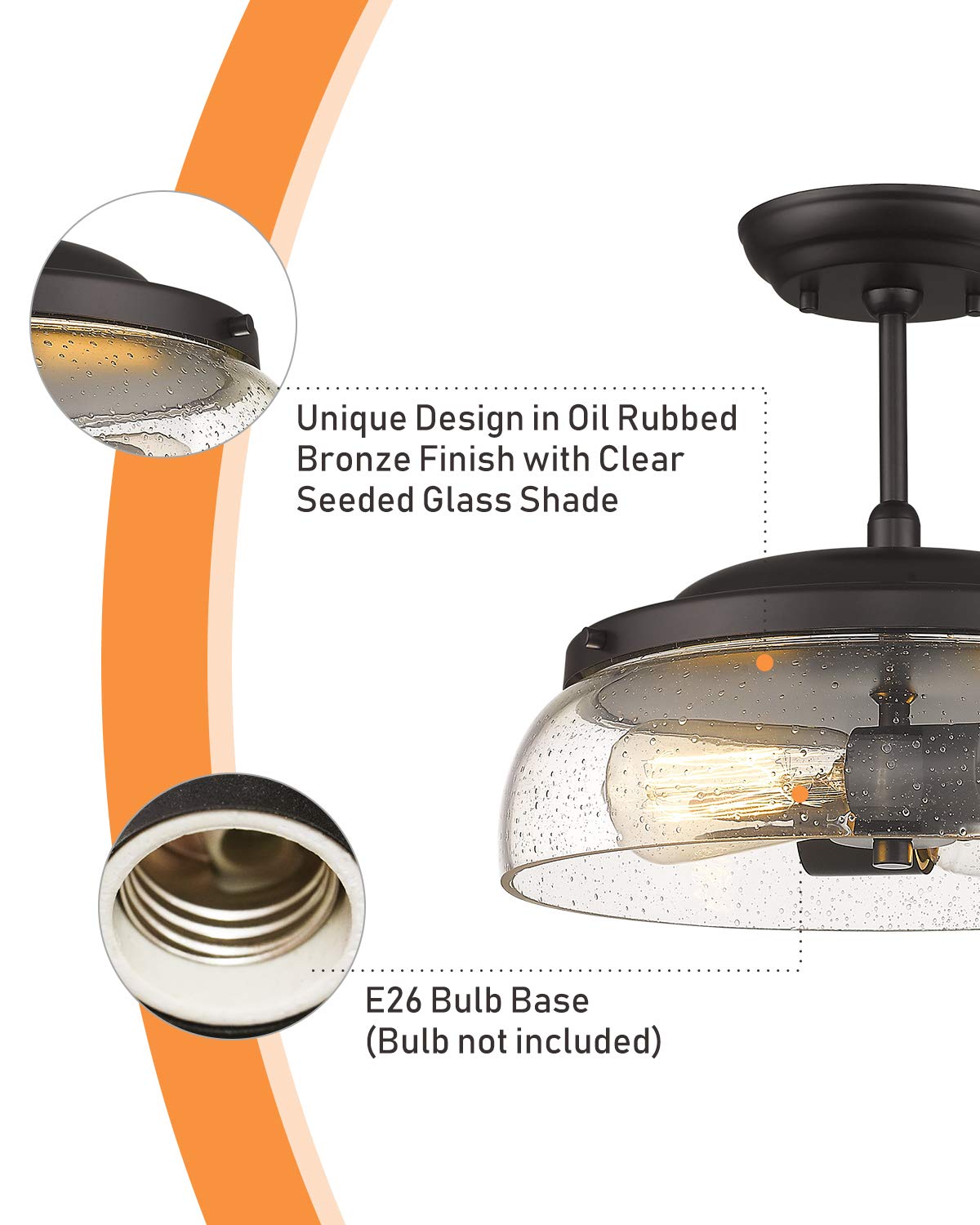 Eapudun 2-Light Semi Flush Mount Ceiling Light, Oil-Rubbed Bronze With Seeded Glass Shade