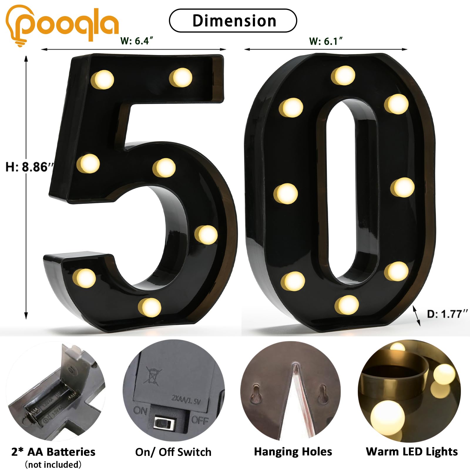 Pooqla Decorative Led Light Up Number Letters, Black Plastic Marquee Number Lights Sign For 50Th Birthday Party Wedding Decor Battery Operated Black Number 50