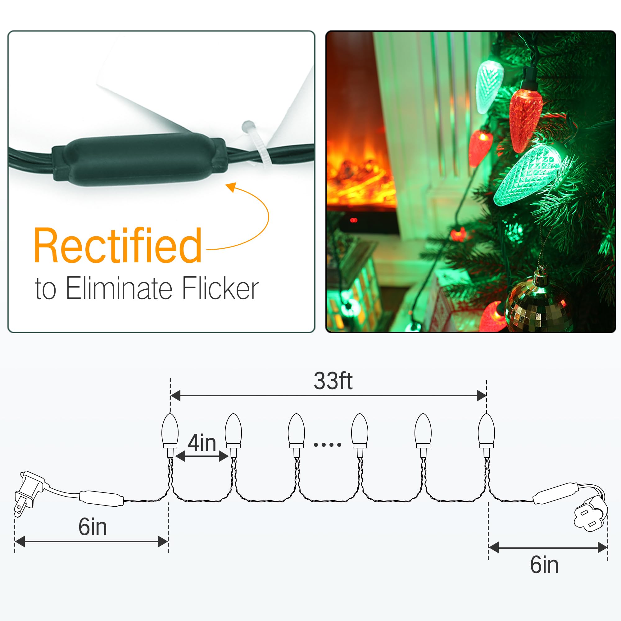 Brizled Red & Green Christmas Lights, 33Ft 50 Led Faceted C9 Christmas Lights, Connectable Indoor Outdoor Roof String Lights, 120V Ul Certified Xmas Tree Lights For Christmas Holiday Yard Garden Party