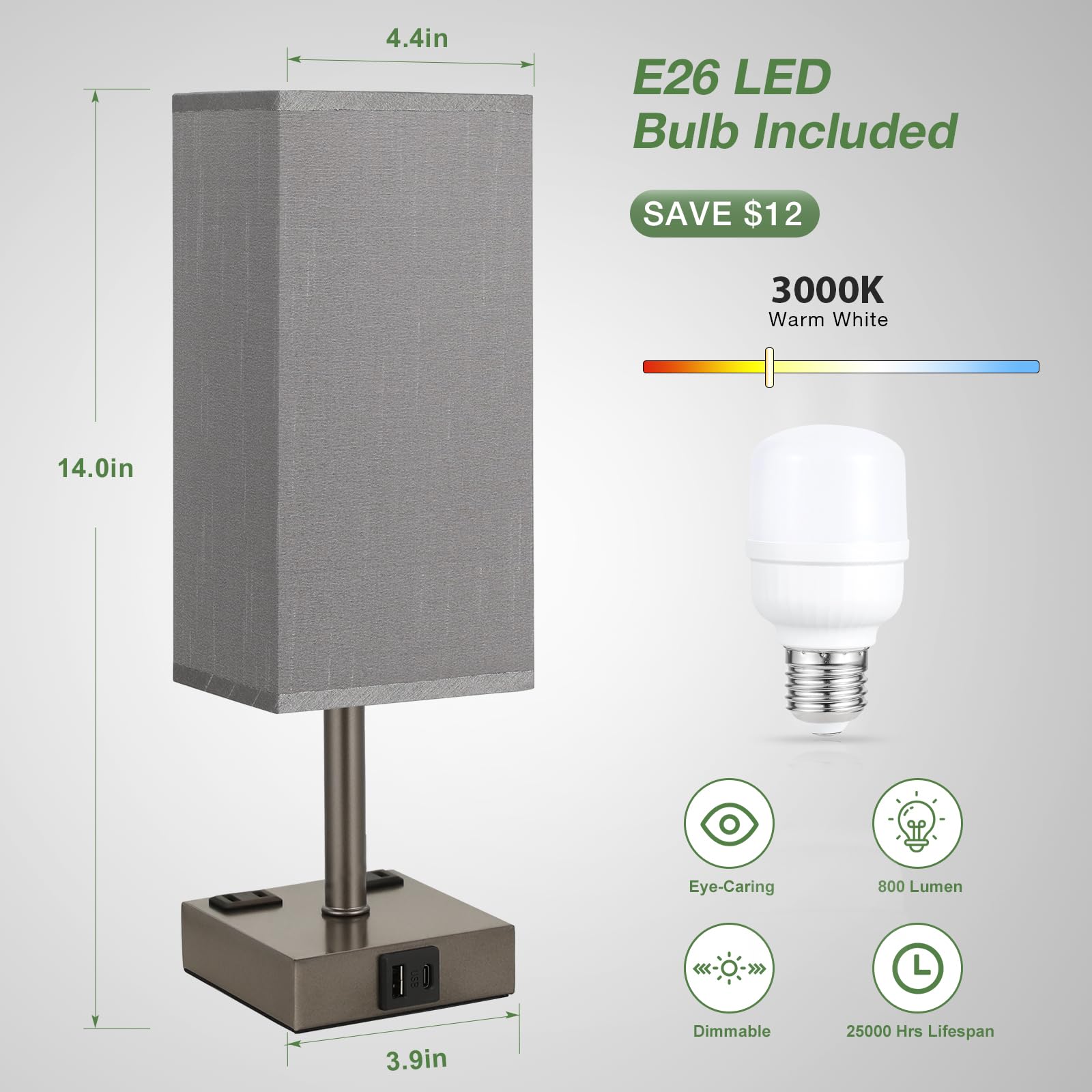 Aooshine Dark Grey Touch Lamps Set Of 2 - Nightstand Lamp With Usb-C + A Charge Ports & Ac Outlets, 3-Way Dimmable Bedside Lamp,