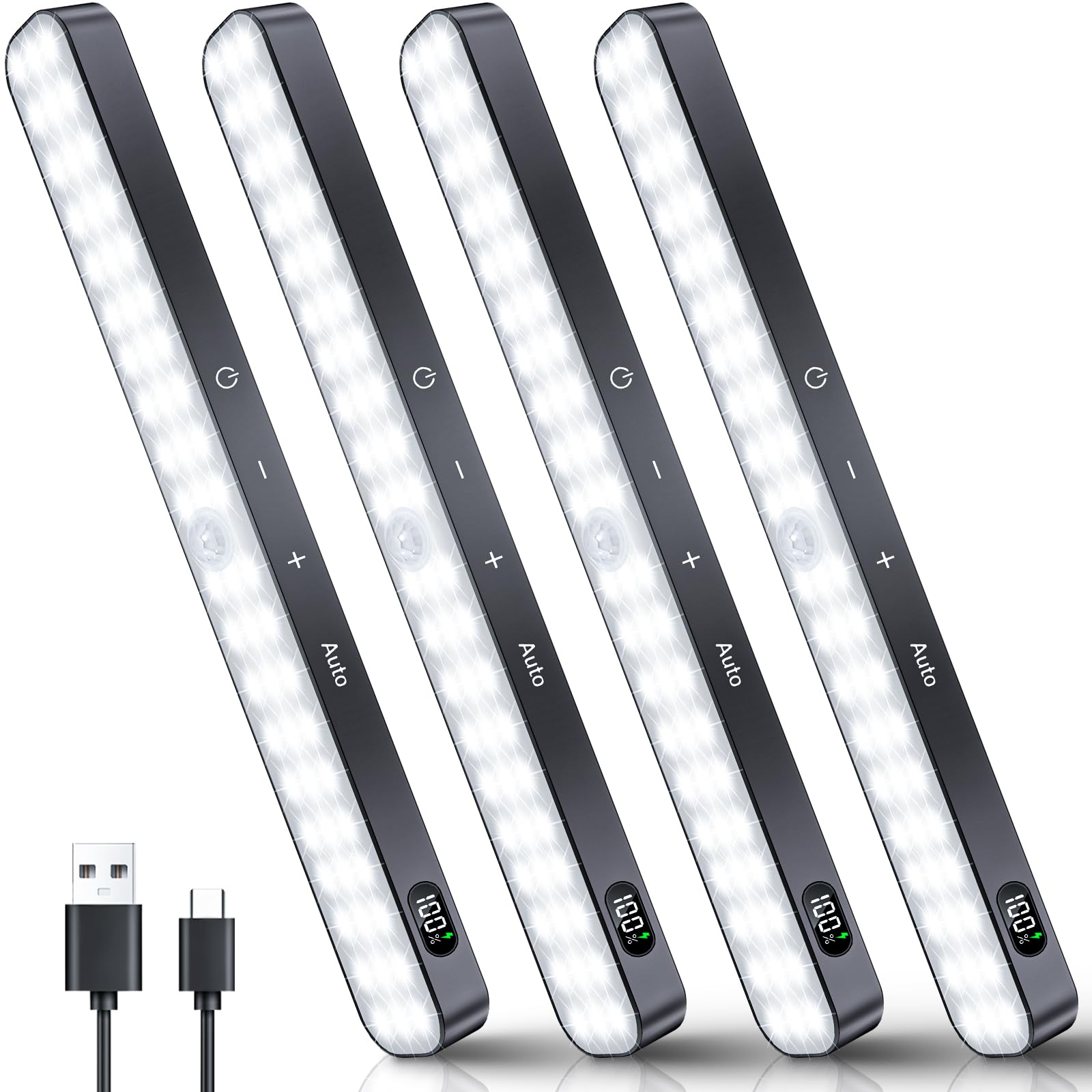 Ferswe Motion Sensor Closet Lights, 60 LED, Dimmable Touch Control, Cool White 6000K, Rechargeable, 4 Pack, Model F-US009