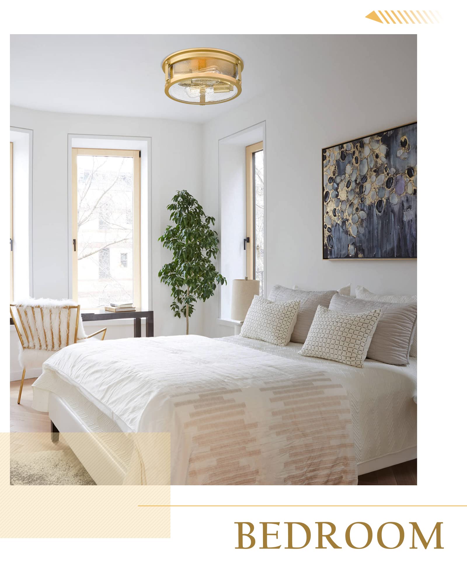 Foitton Gold Flush Mount Ceiling Light, 2-Light Industrial Seeded Glass Fixture For Home