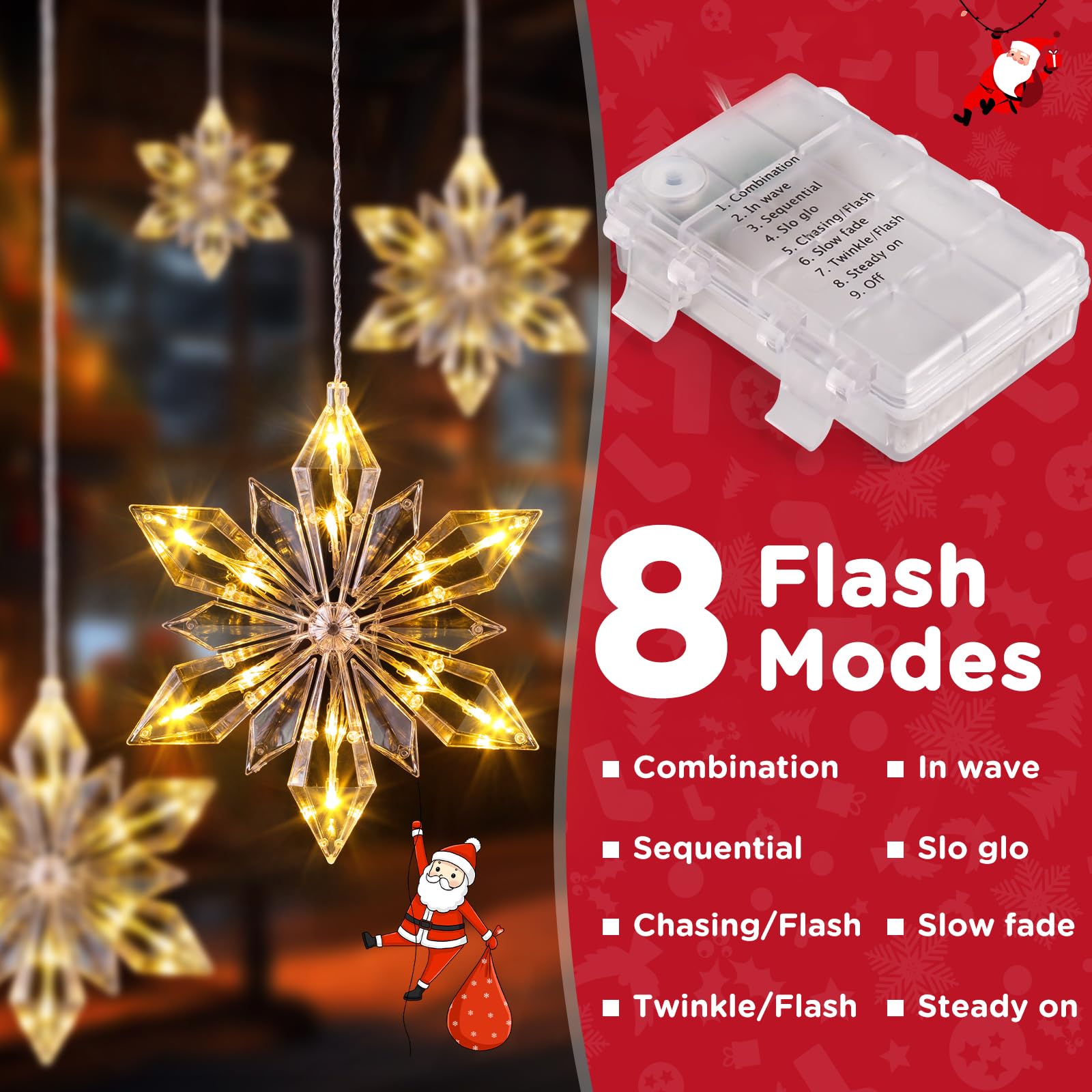 Marchpower Christmas Snowflake Window Lights, 3Pack 36Led Battery Powered Christmas Window Lights, Waterproof Snowflake Curtain Lights With Timer & 8 Modes For Indoor Outdoor Xmas Decor
