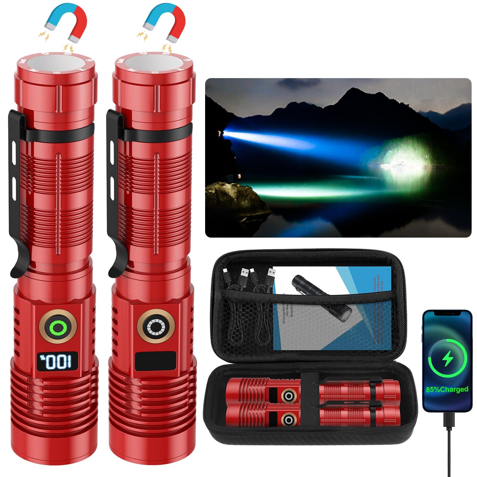 Rechargeable Flashlight High Lumens- Super Bright Magnetic Flash Light with Power Digital Display,Long Range,Dimmable,Waterproof