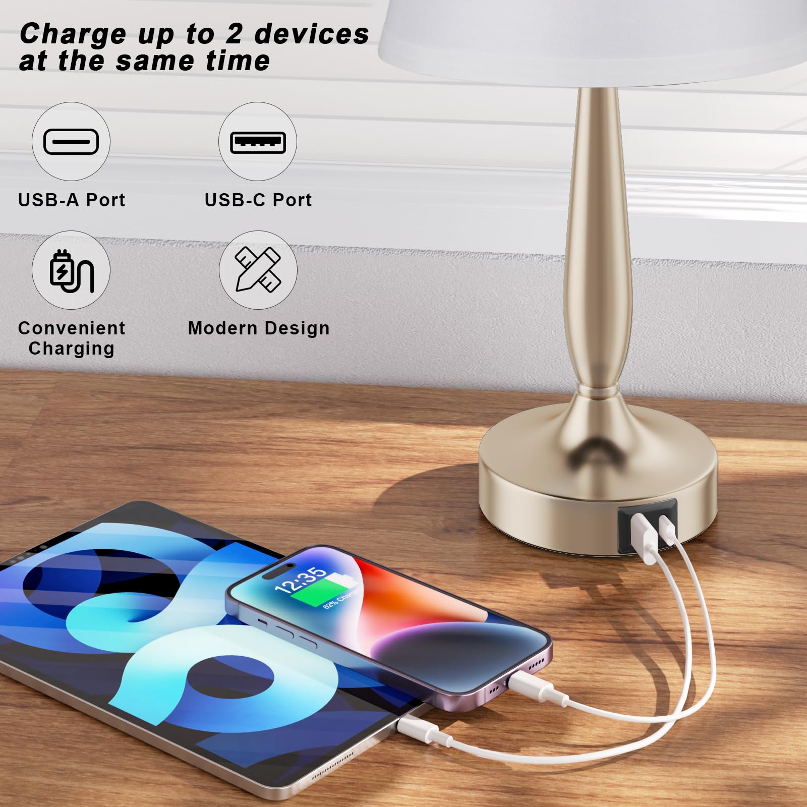 Kakanuo Touch Table Lamp - 3-Way Dimmable, USB C Charging, Small Nightstand Lamp, White Shade, Champagne Gold Base