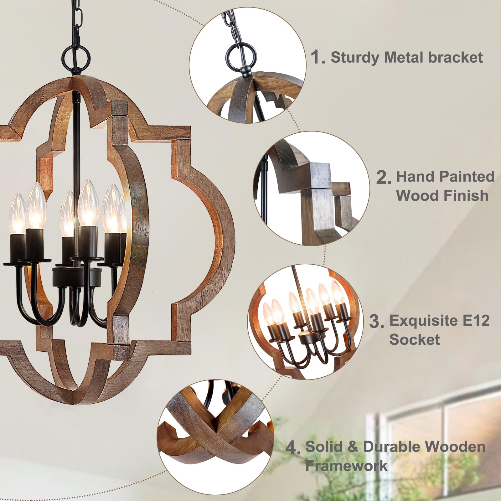 Rviezza 6-Light Farmhouse Wood Chandelier, Adjustable Rustic Pendant Light for Dining Room, Kitchen, Foyer - Model B0CM3QC7FC