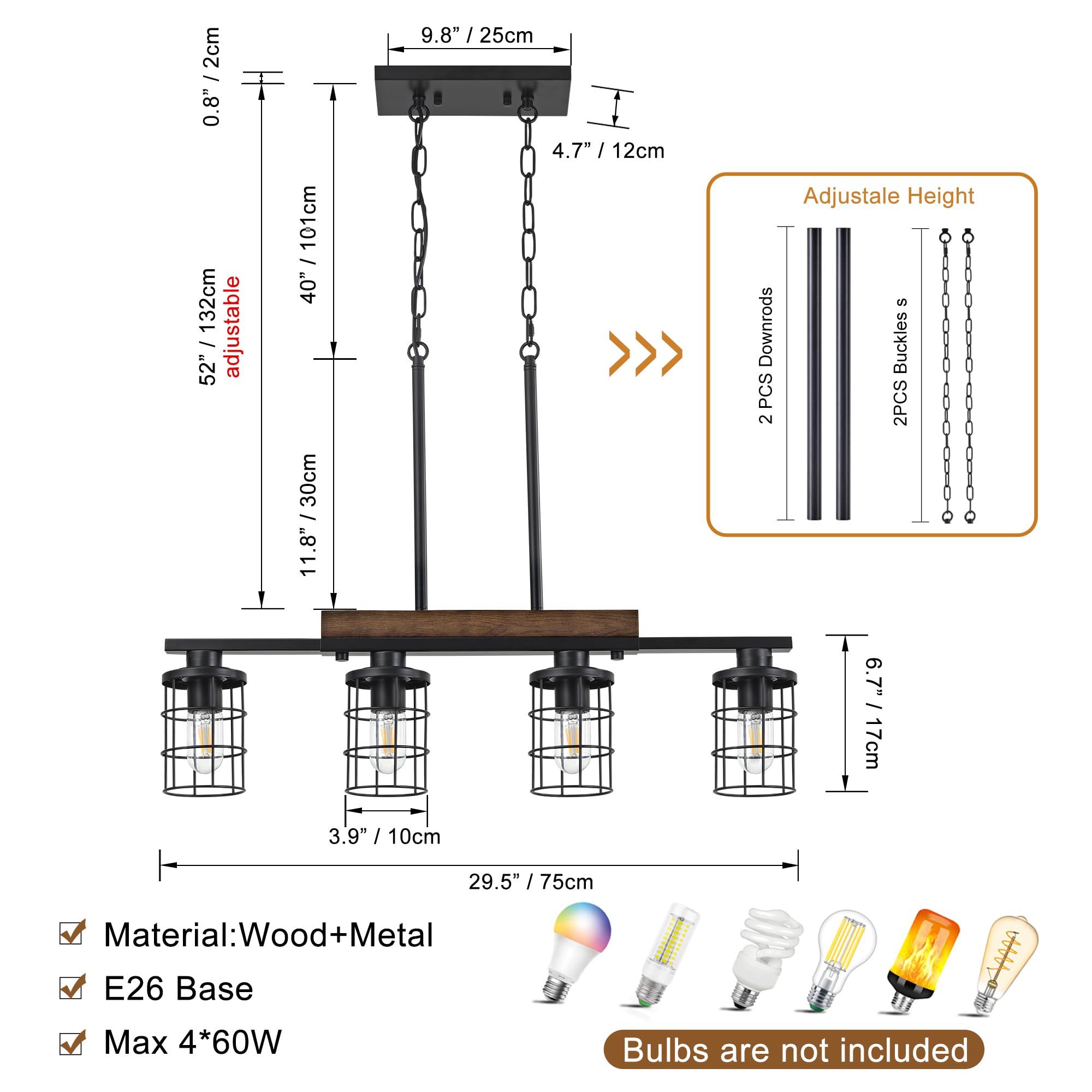 Dining Room Light Fixture/Chandelier Over Table, 29.6-Inch Hanging For Farmhouse Linear Chandeliers,4-Light Kitchen Island Light