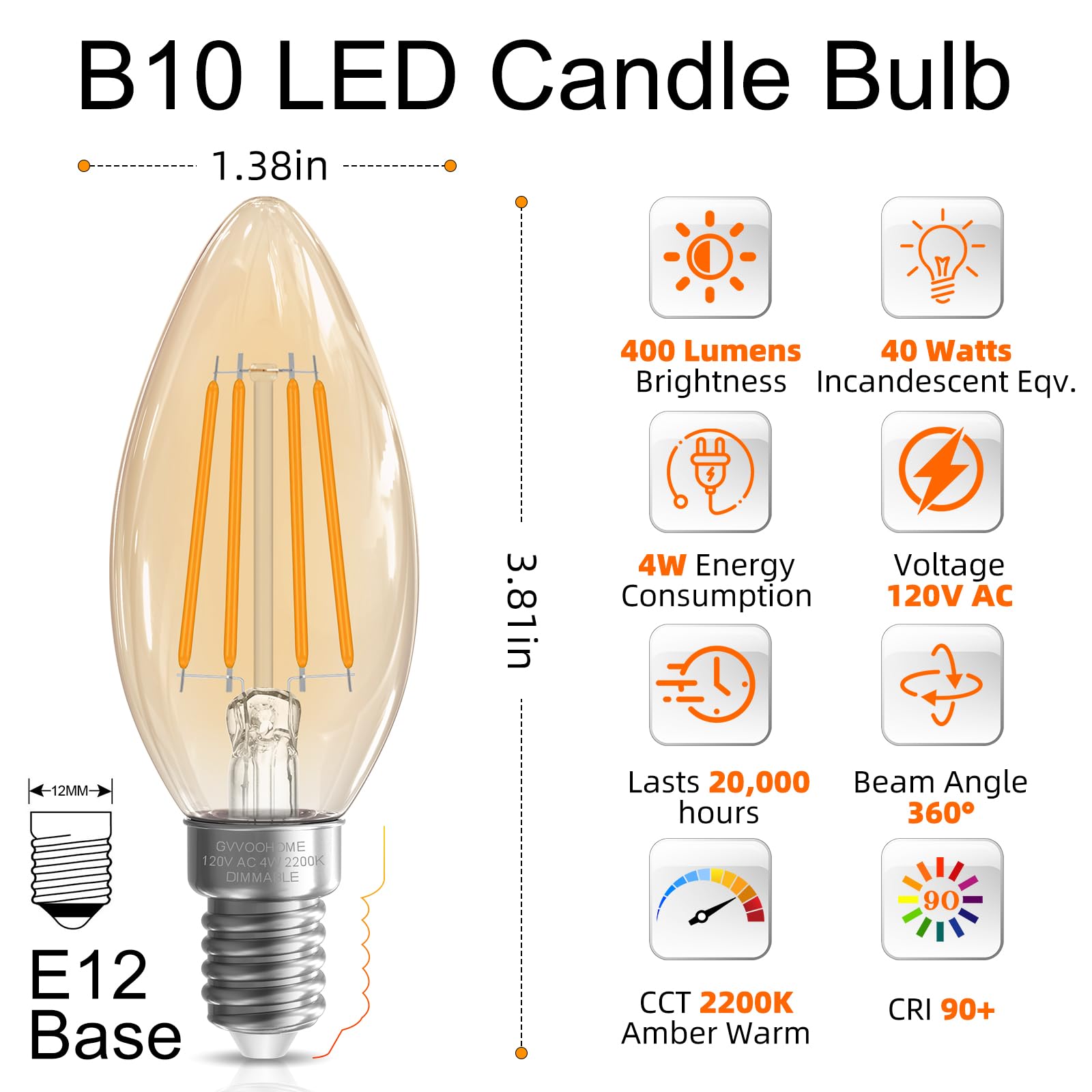 Gvvoohome 40 Watt Candelabra Light Bulbs, Chandelier Light Bulbs Dimmable E12 Led Bulb, 2200K Amber Warm, B10 Candle Light Bulbs