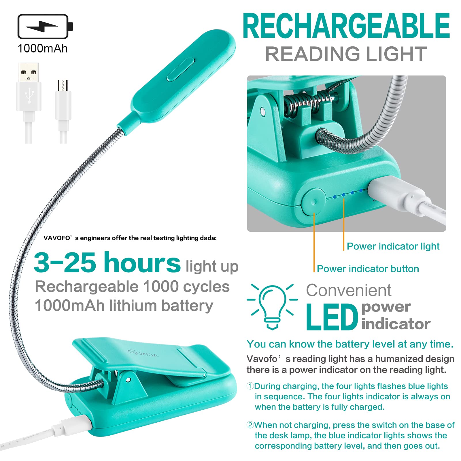 Vavofo Clip On Rechargeable Reading Light, 7 Leds With 3 Colortemperature 9 Brightness Levels Book Lights For Reading In Bed Wit