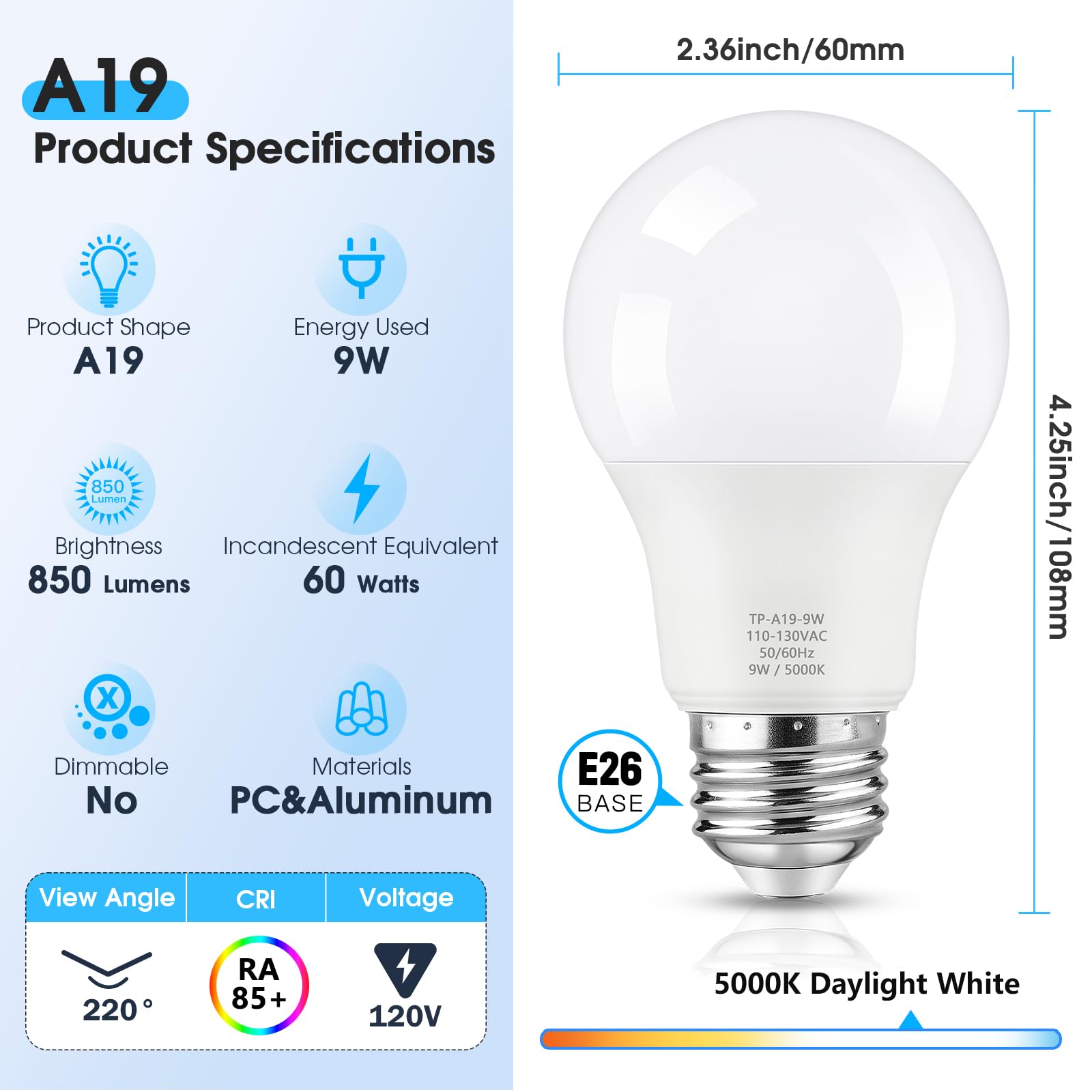 Maylaywood 24-Pack A19 Led Light Bulbs, 60W Equivalent, Daylight White 5000K, E26 Base, 850 Lumen, Non-Dimmable, 9W Bright White