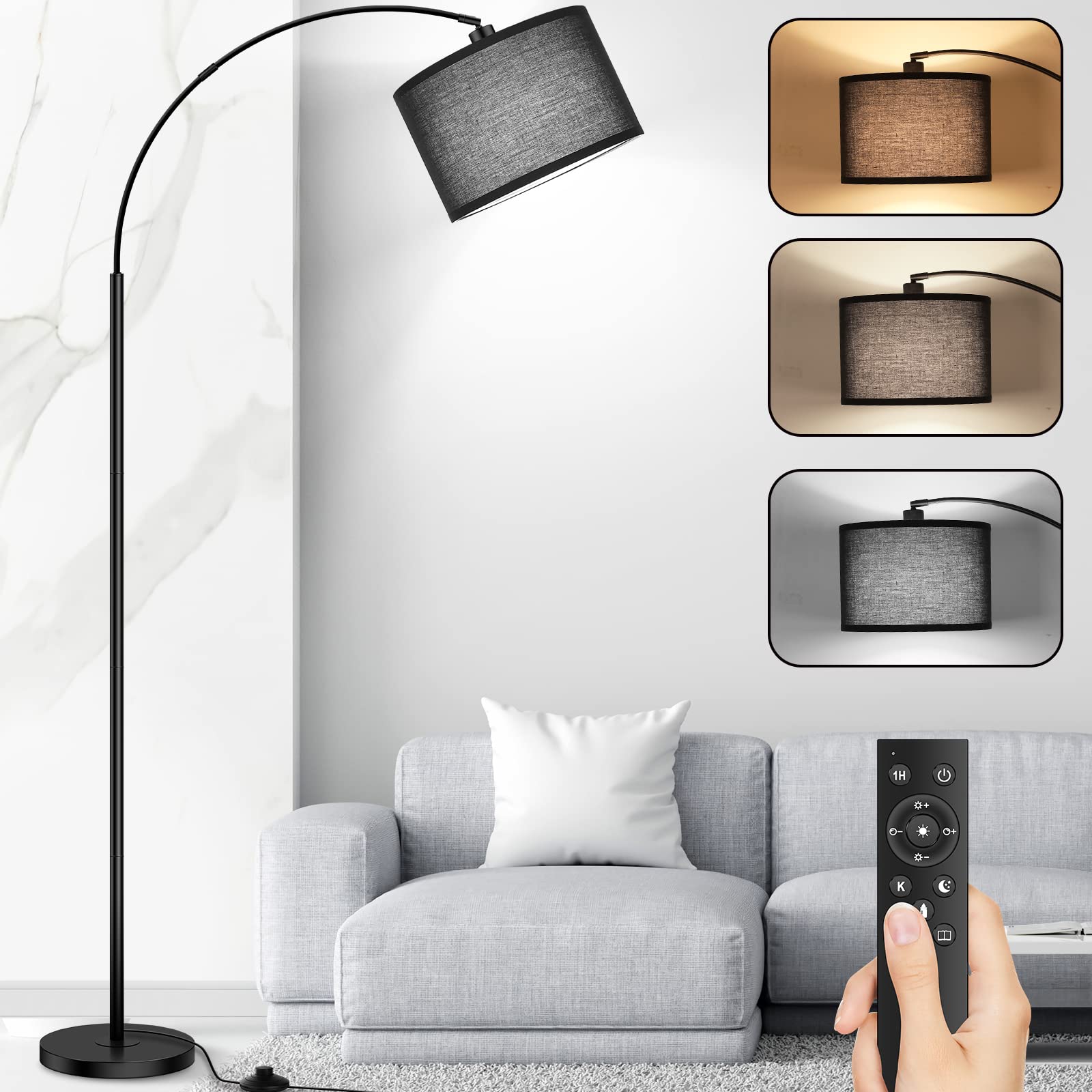 Arc Floor Lamps for Living Room, Modern Remote Control Standing Lamp with Stepless Dimmable, Black Tall Lamp with Black Drum Sha