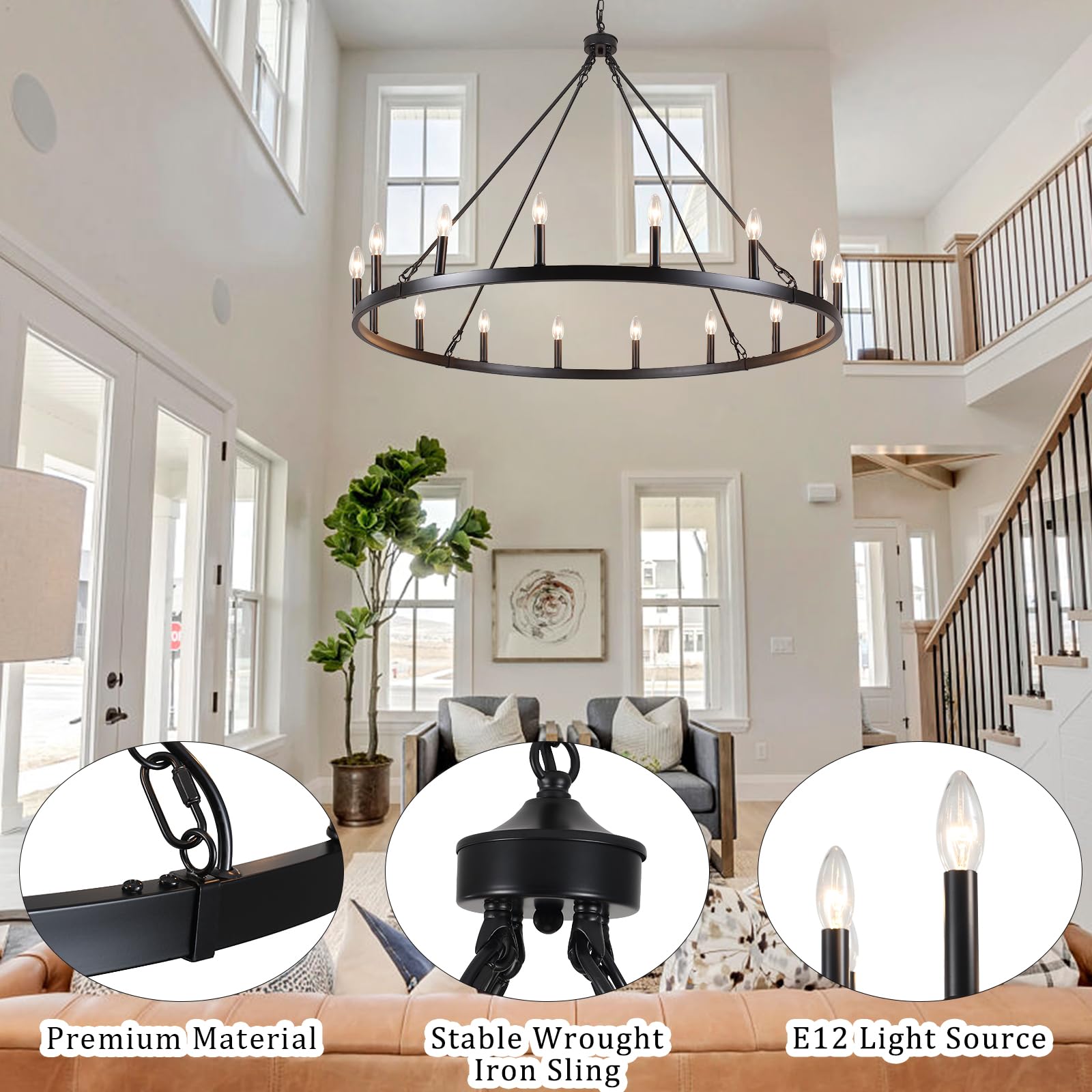 16-Lights Wagon Wheel Chandelier Farmhouse Chandelier 47 Inch Black Chandeliers For Living Room Large Chandeliers For High Ceilings Outdoor Chandelier Round Chandeliers For Dining Room Entryway Foyer