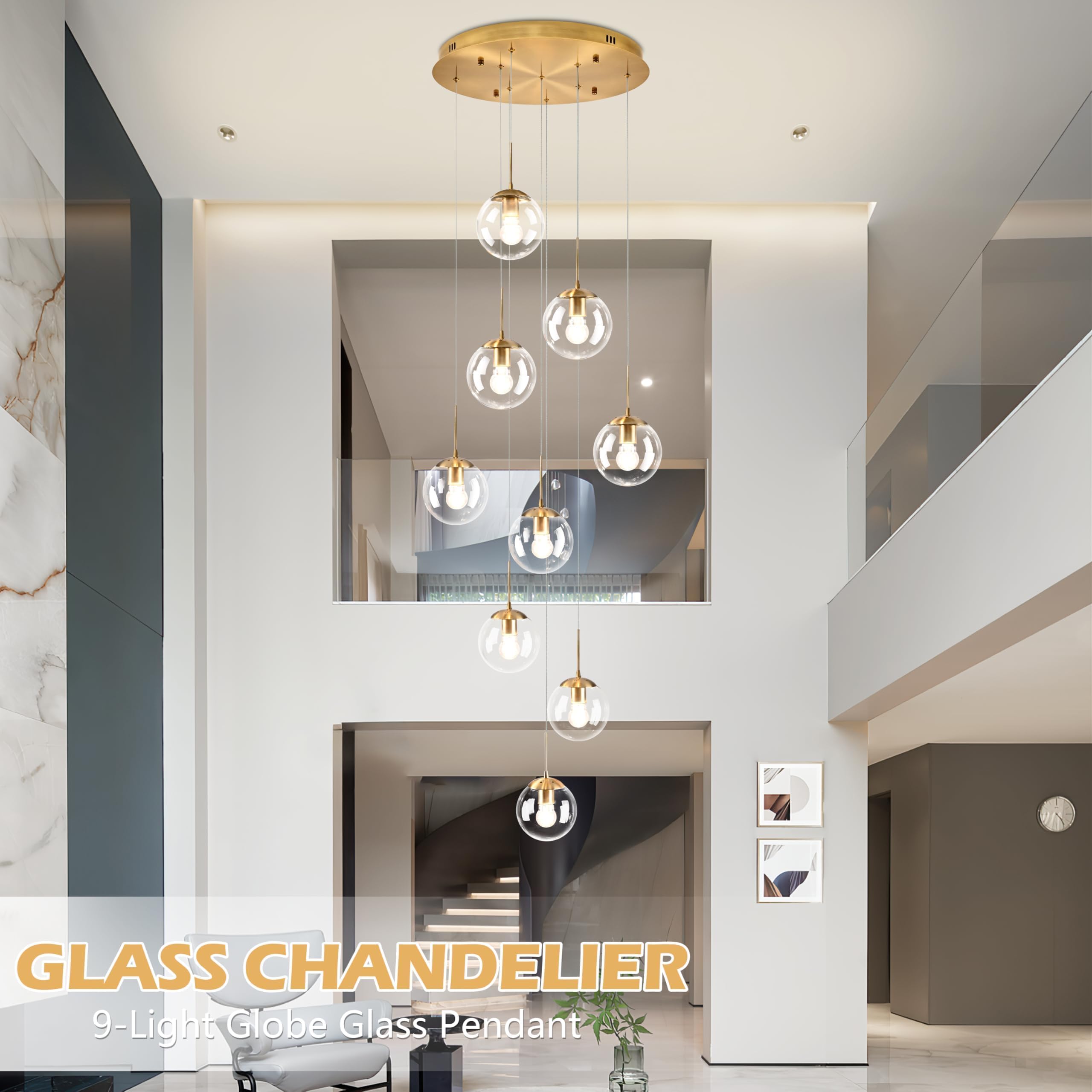 Koko&Yukina 9-Light Globe Glass Pendant Light Adjustable Length Pendant Lights Fixtures Modern Gold Clear Globe Glass Chandelier