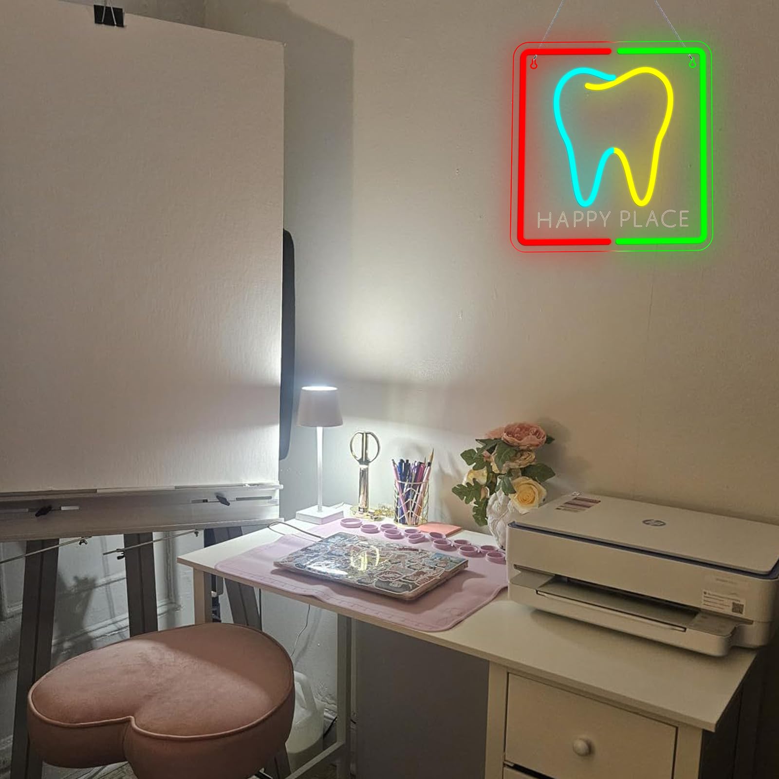 Wanxing Happy Place Tooth Neon Sign, Colorful LED Light, Dimmable Brightness, USB Powered, Kids·Dentistry & Home D?or