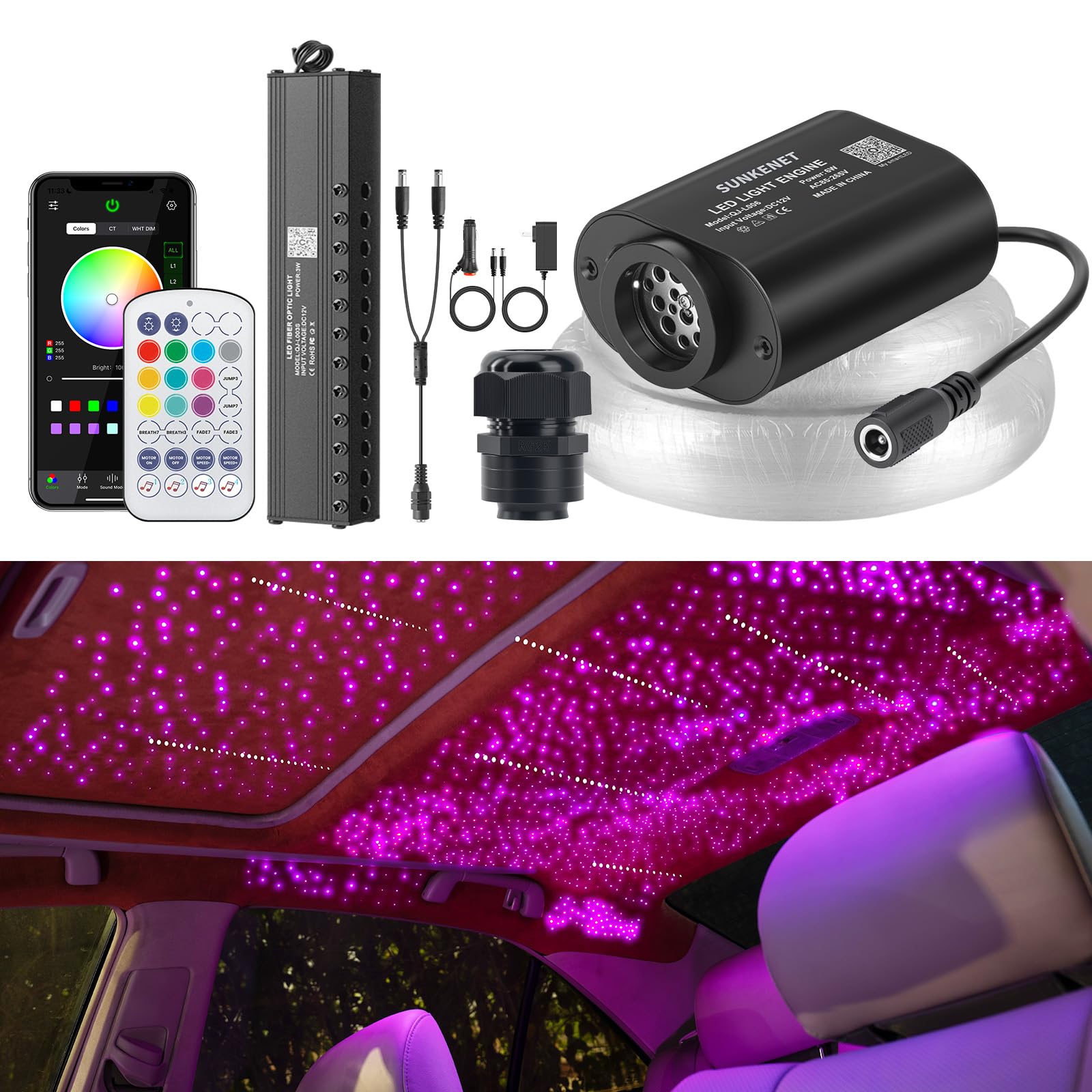 SUNKENET Meteor 6W Mini Size Twinkle Starlight Headliner Kit with Shooting Star  550pcs*0.03in*9.8ft Fiber Optic Lights  Bluetooth APP/Remote Control/Music Effect  RGBW Starlight for Car Roof Ceiling