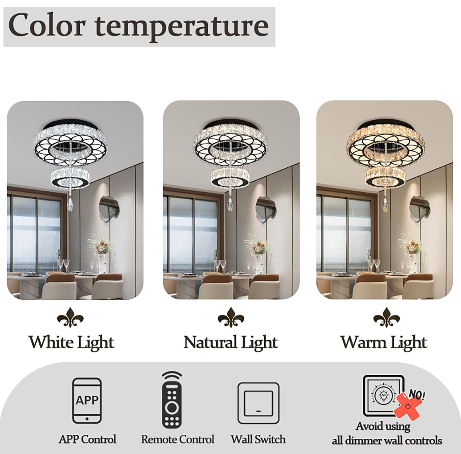 Flashing God 16" Crystal Chandelier Black LED Flush Mount Light for Living Room, Bedrooms, Dining Room - Dimmable 2700K/4500K/6000K