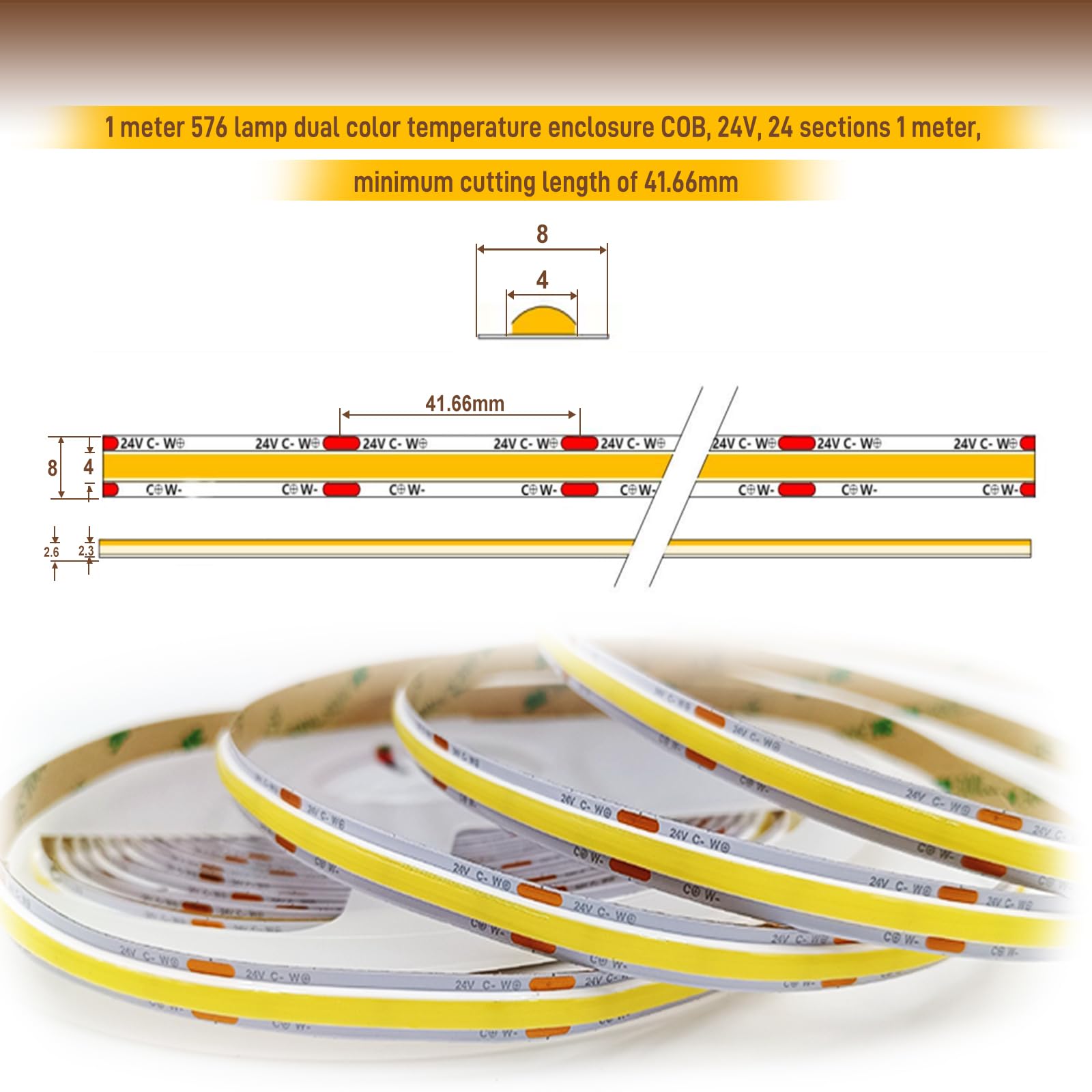 Pandery Cob Led Strip Light,Cct Dimmable Strips Light,2700K-6500K,16.4Ft/5M,8Mm Wide,Cri90+ 24V Led Strips Kit With Bluetooth Ap