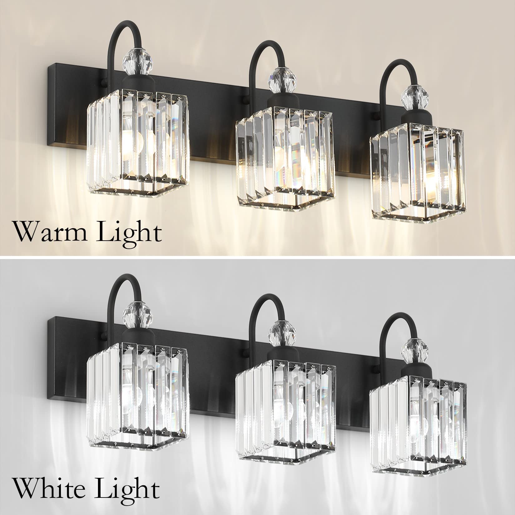 Ralbay 3-Light Modern Crystal Bathroom Vanity Light Fixture Over Mirror Matte Black, Model 8607, Square-Black