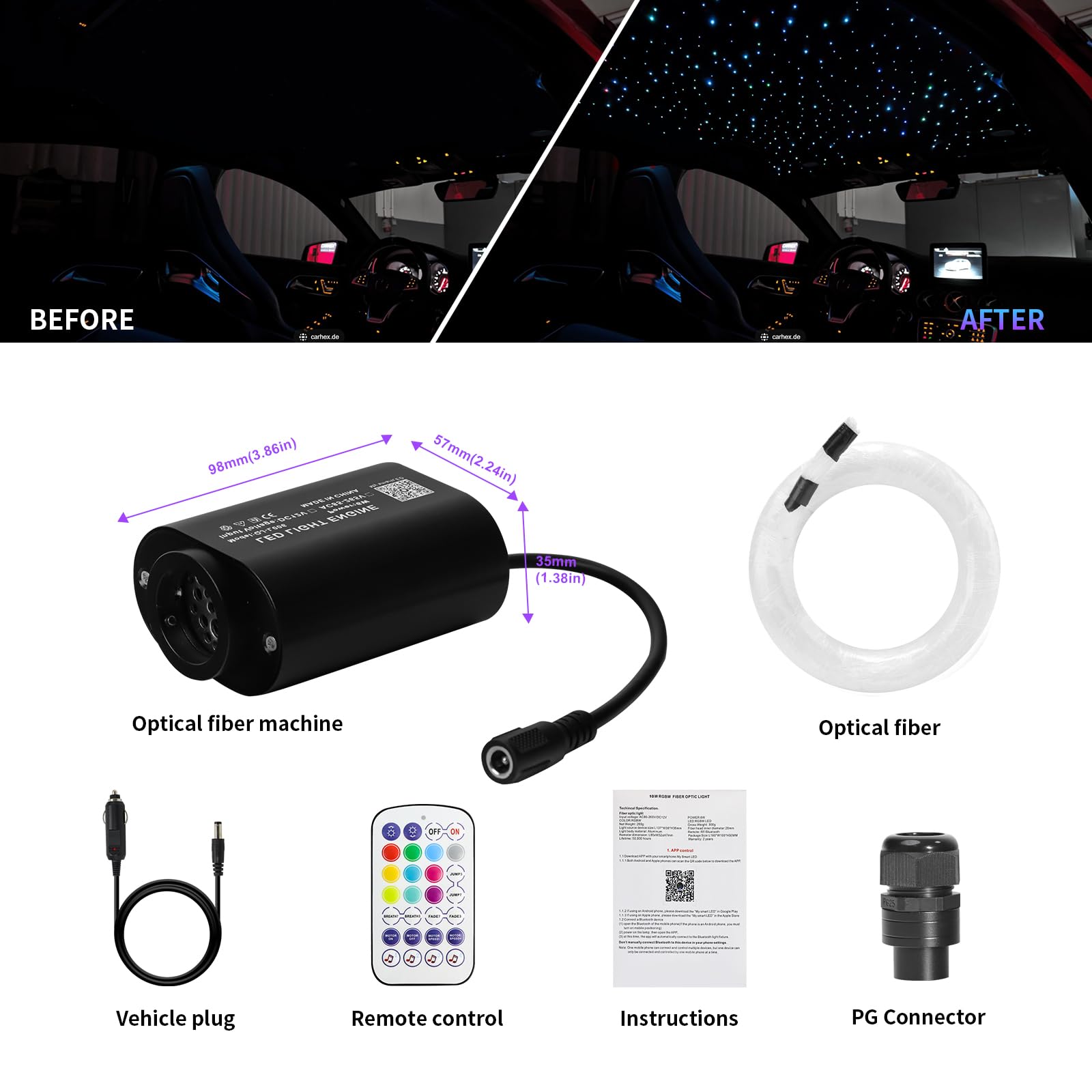 WEBUPAR Fiber Optic Star Lights Kit - 500pcs, Aluminum, 9.8ft, RGBW, Twinkle Effect, Sound-Activated, Remote Control, Model QJ-L006