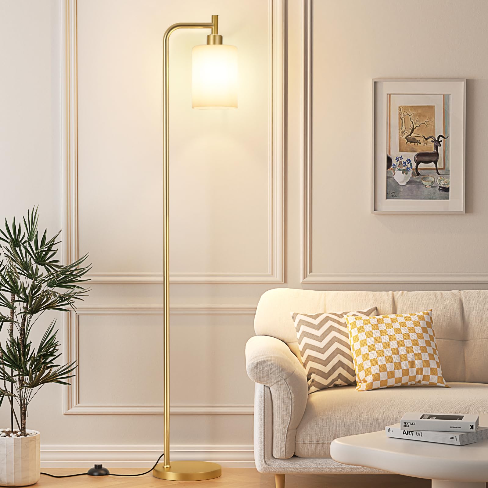 Ziisee Floor Lamps For Living Room - Industrial Standing Lamp With Frosted White Glass Shade, Modern Gold Floor Lamp With Led Bu