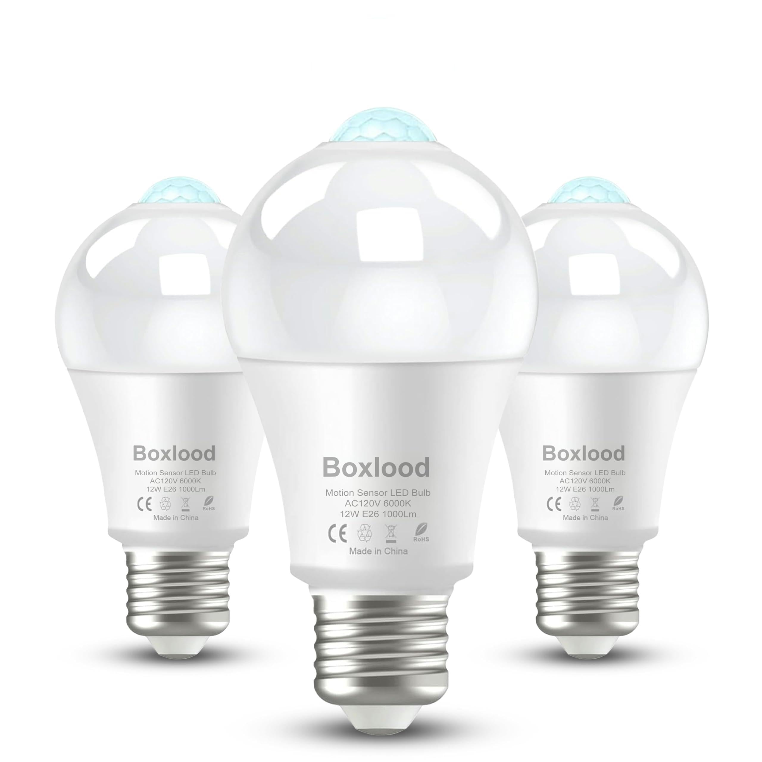 Boxlood Motion Sensor Light Bulbs for Outdoor Indoor,12W(100W Equivalent) A19 E26 6000K Daylight Motion Activated Dusk to Dawn O