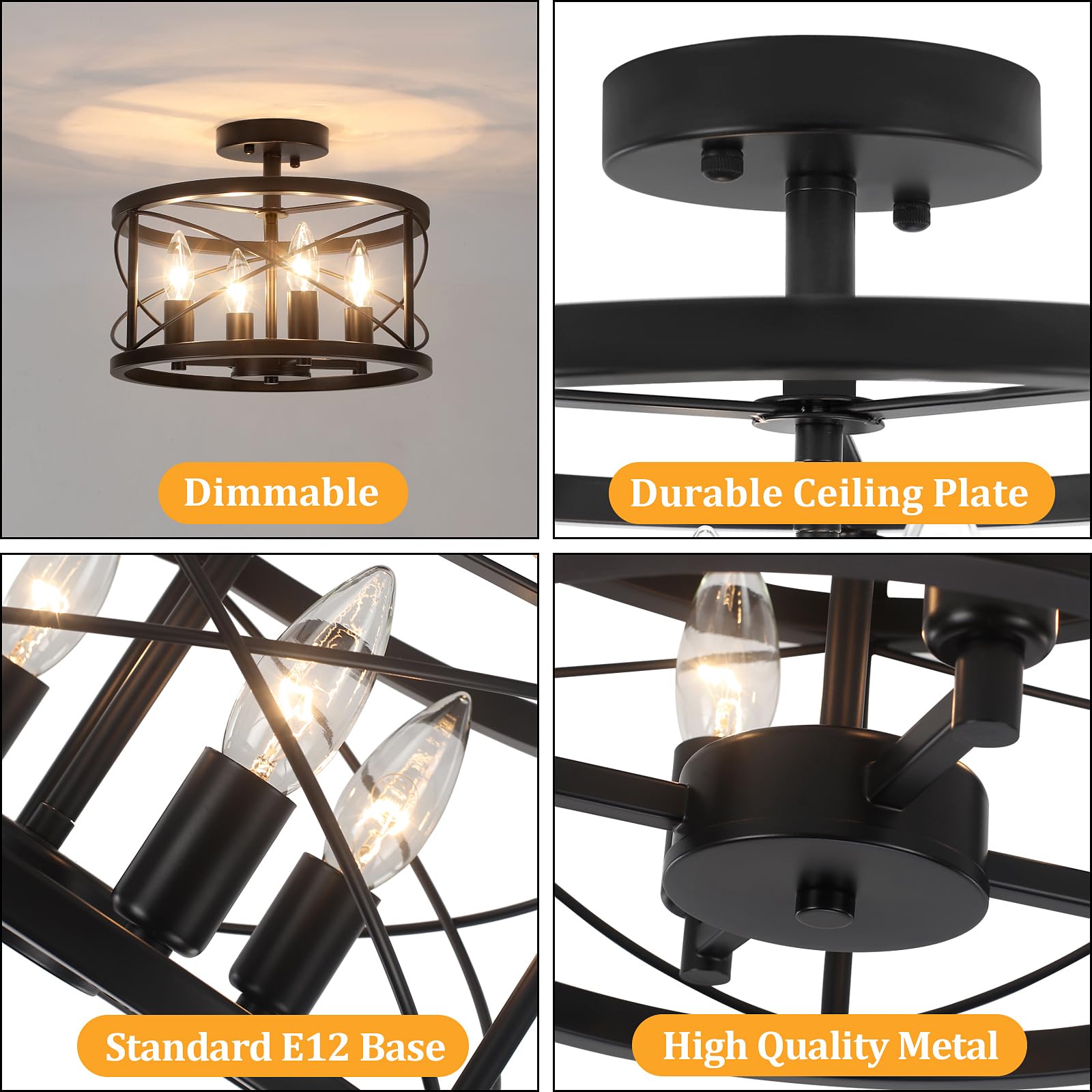 Toulmj 4-Light Black Semi Flush Mount Ceiling Light, Modern Entryway Light Fixtures, Farmhouse Light Fixtures Ceiling Mount For