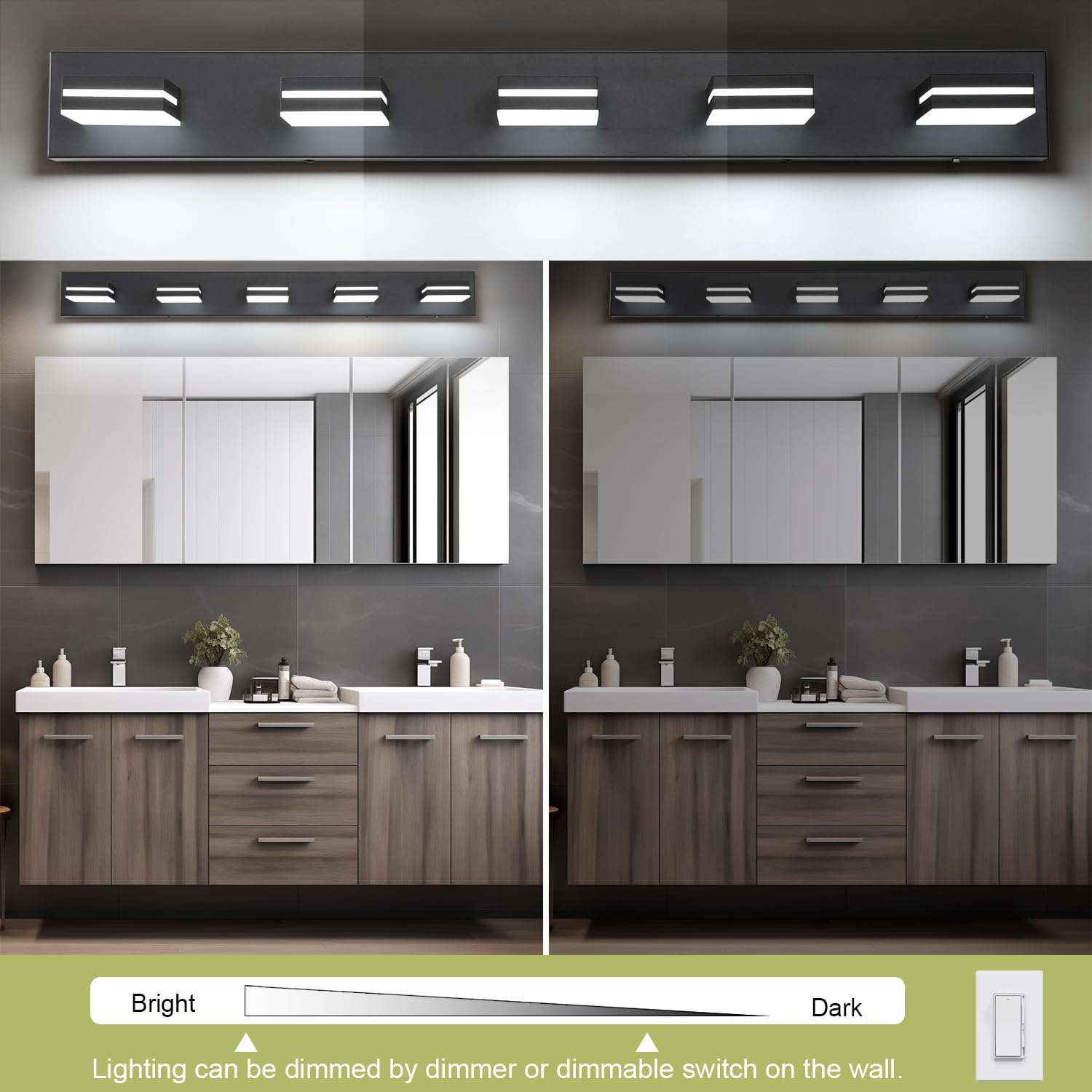 SineRise 5-Light LED Bathroom Vanity Light Fixture, Dimmable, Matte Black, 40-Inch, Model H0001-44, 5CCT Over Mirror Lighting