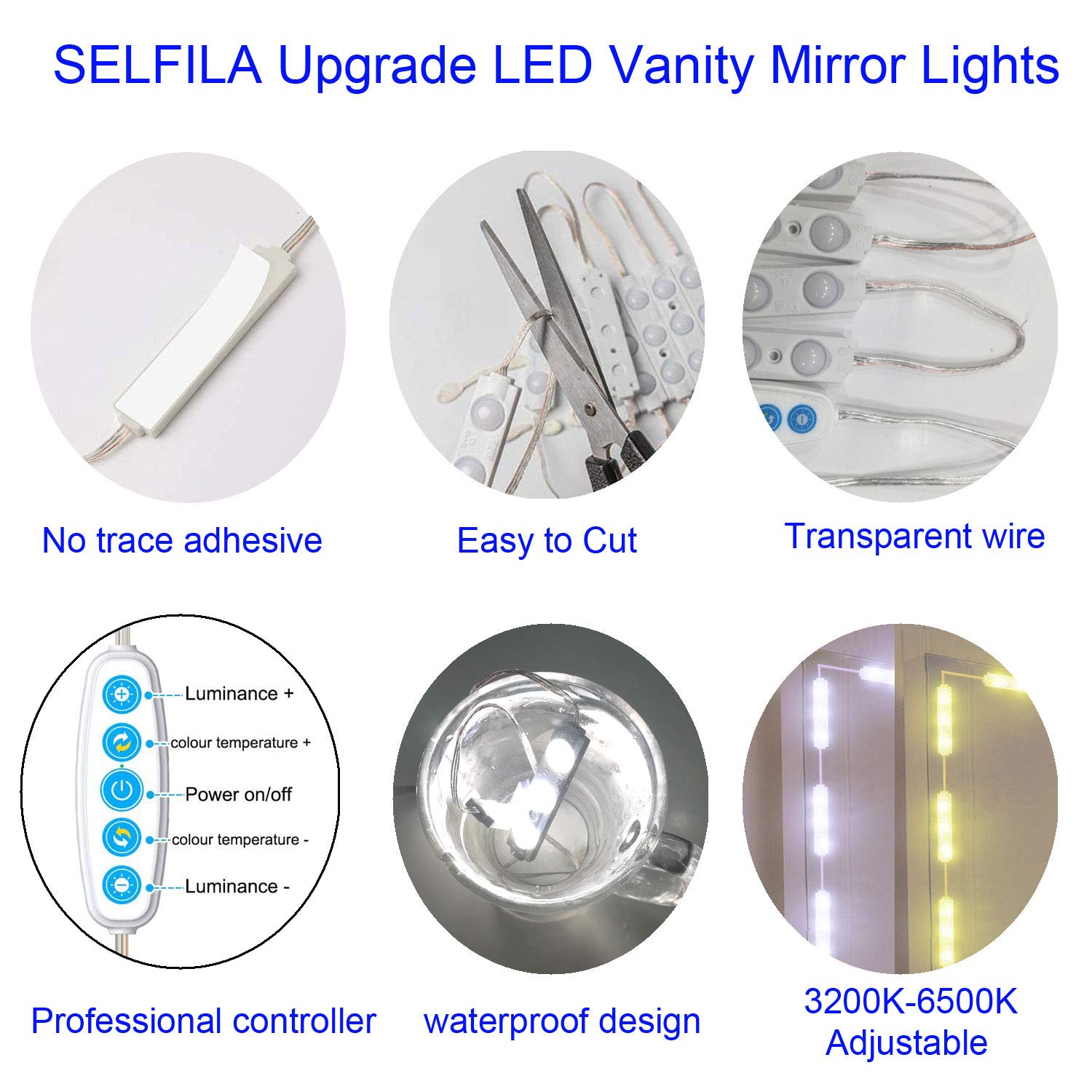 selfila LED Vanity Mirror Lights Kit, Dimmable, 11ft, White, Model SF601-15, PVC Material, Hollywood Style
