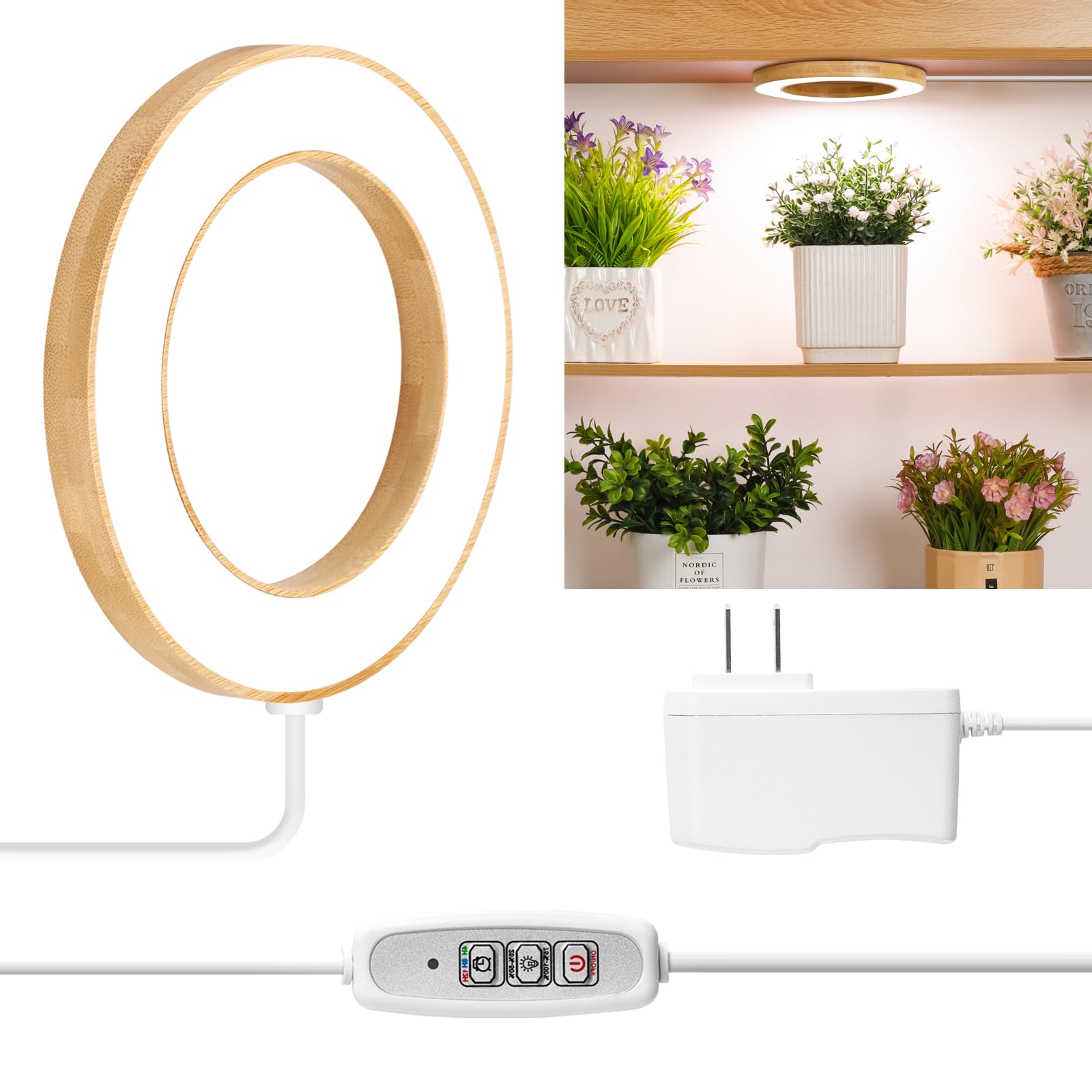 Lordem 6.3” Bamboo Ceiling Grow Light For Indoor Plants, 72 Leds Full Spectrum Plant Light, Corded, Halo Under Cabinet Growing Lamp With 4/8/12H Auto Timer, 4 Brightness Levels, Ideal For Pot Plants