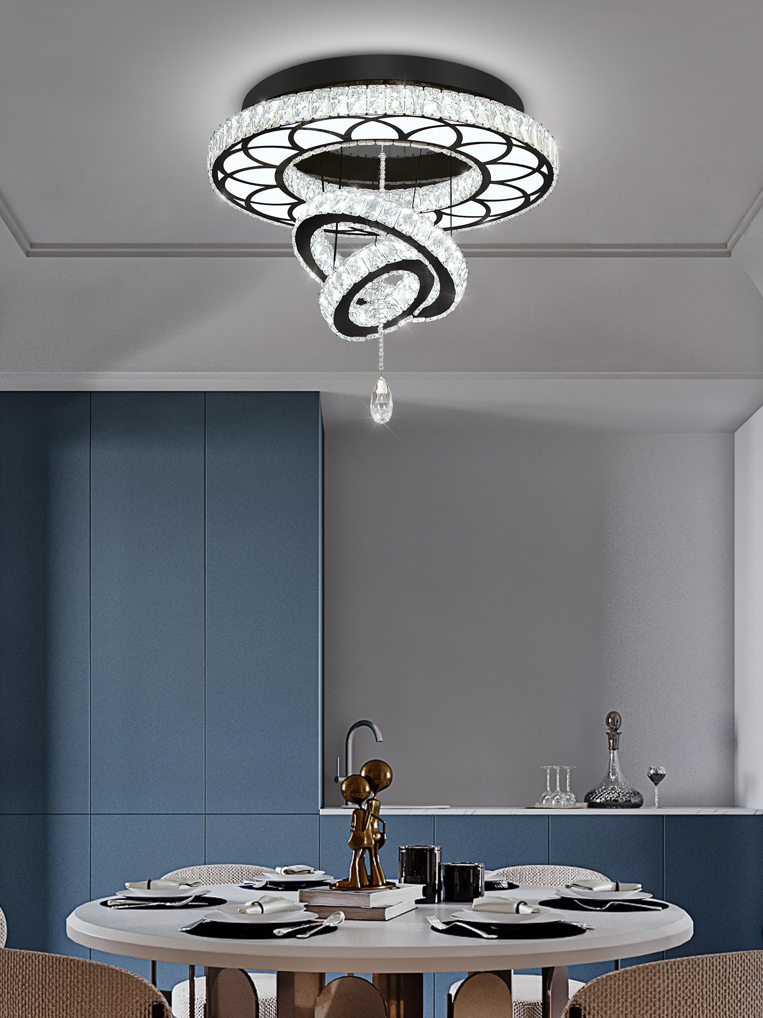 Flashing God 24" Crystal Chandelier LED Flush Mount Ceiling Light - Black, Dimmable 2700k/4500k/6000k, Model MMQ0268-60-H