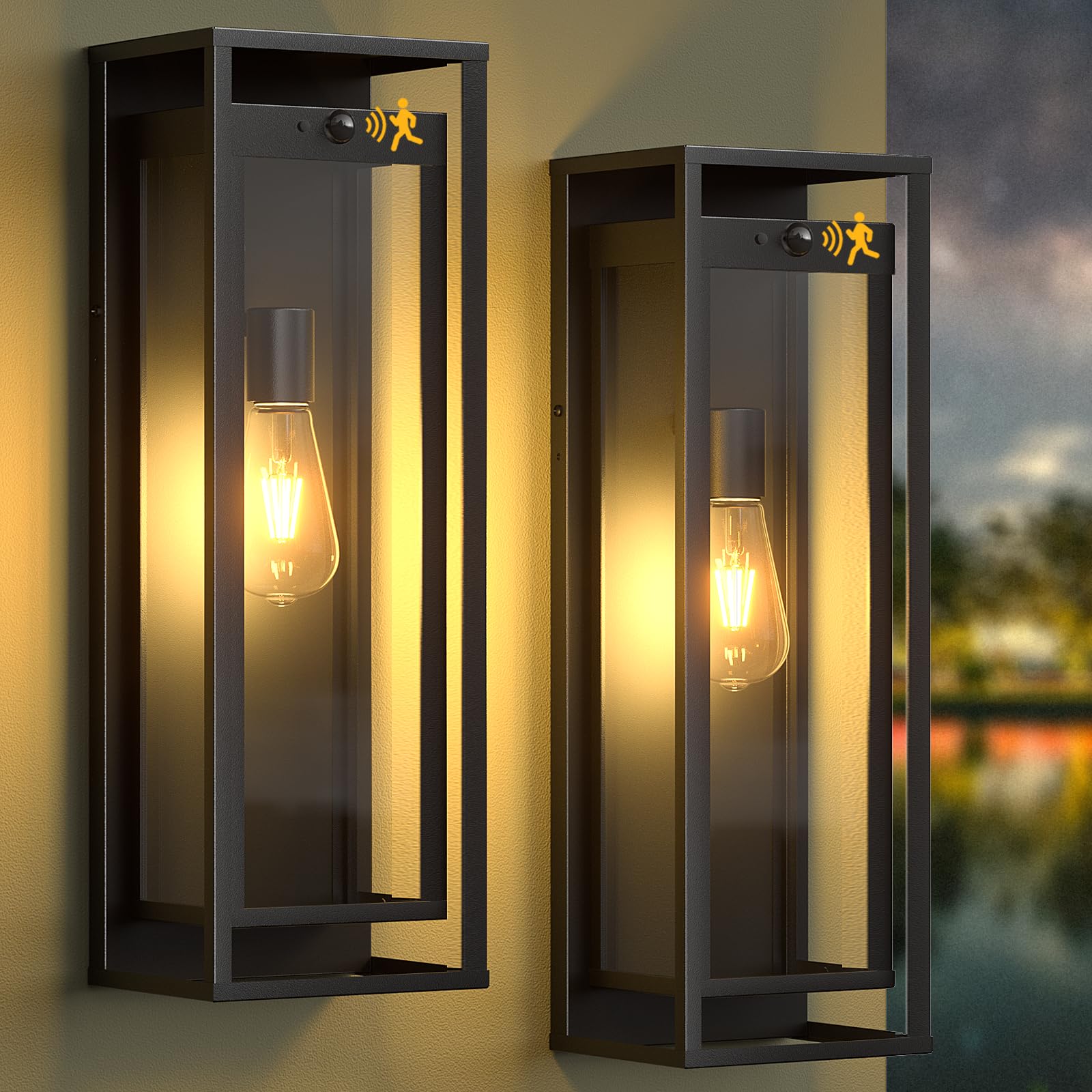 Siafavoi 20In Outdoor Wall Light Motion Sensor-Black Modern Sconce Waterproof Exterior Lighting Fixture E26 Socket Porch Lights Extra Large Lantern For Entryway Patio House Garage 2Pack