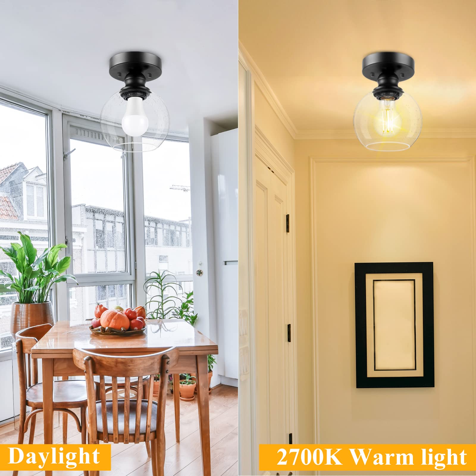 Industrial Semi Flush Mount Ceiling Light, Vintage Hanging Ceiling Lamp, Seeded Glass Pendant Lamp Shade, Farmhouse Light Fixtur