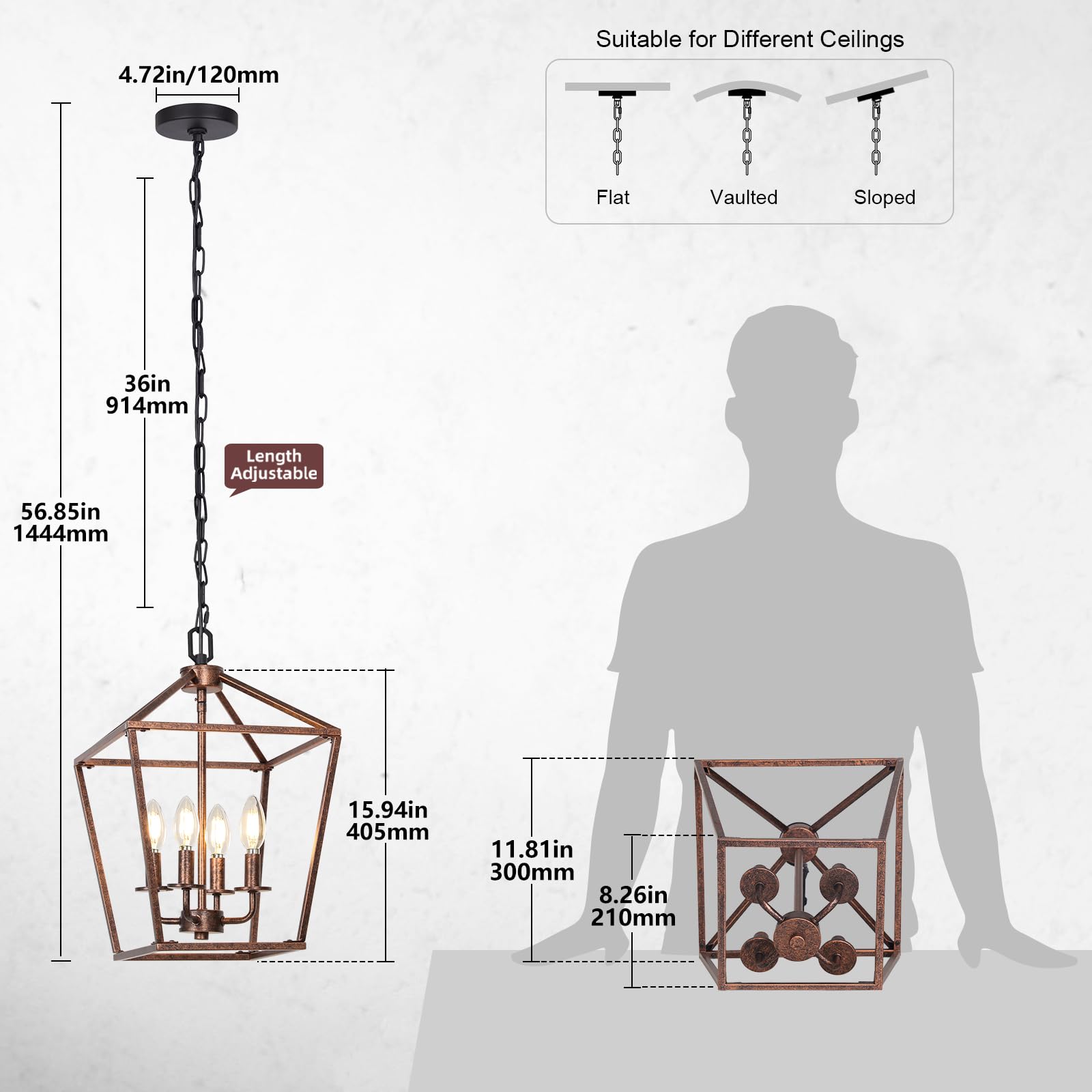 Chandelier For Dining Room, 4-Light Rustic Chandelier Fixtures, Vintage Ceiling Light With Adjustable Height, Antique Bronze Geo