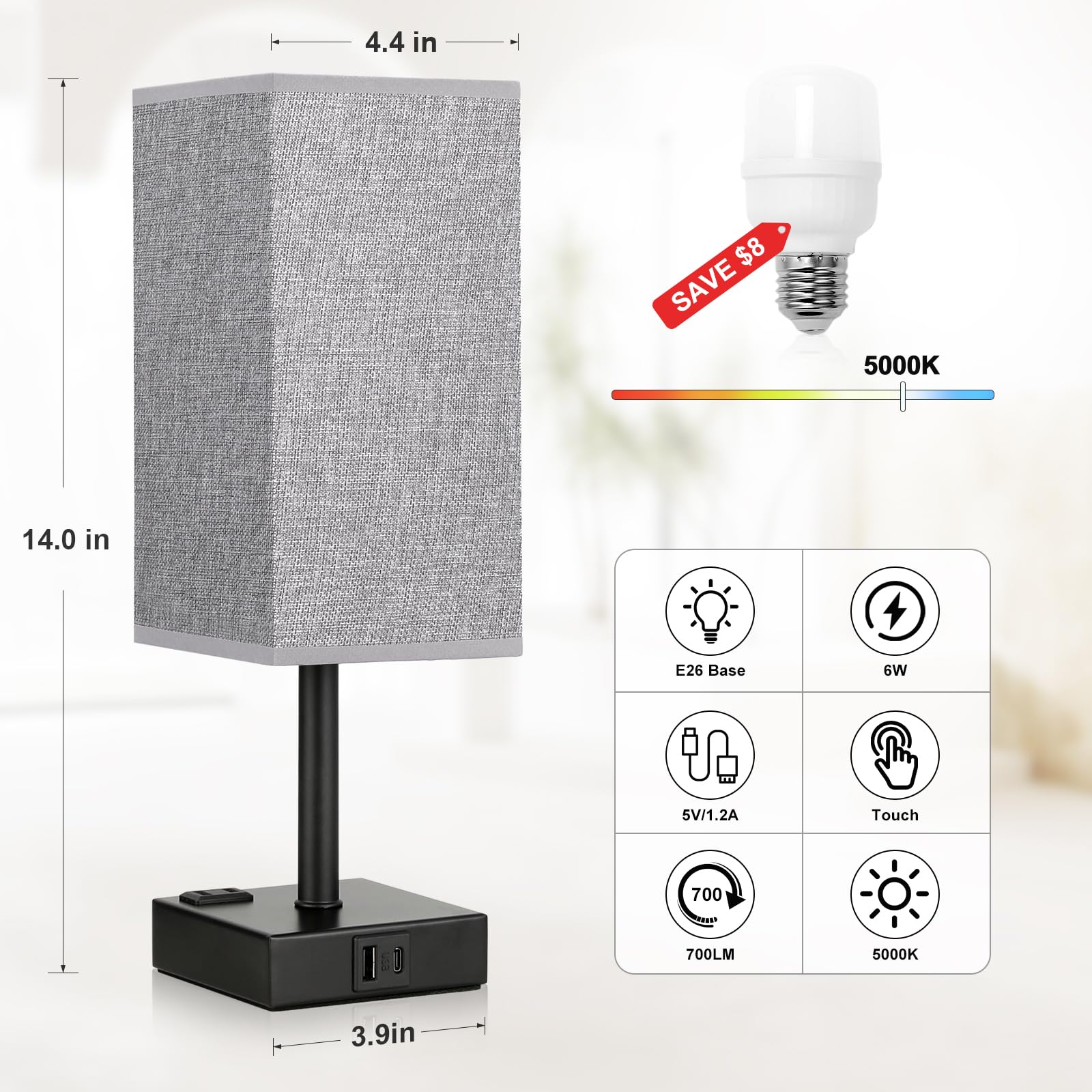 Black And Grey Bedside Lamp For Nightstand - Touch Table Lamp With Type C + A And Ac Outlet, Square Charging Lamps For Bedroom D