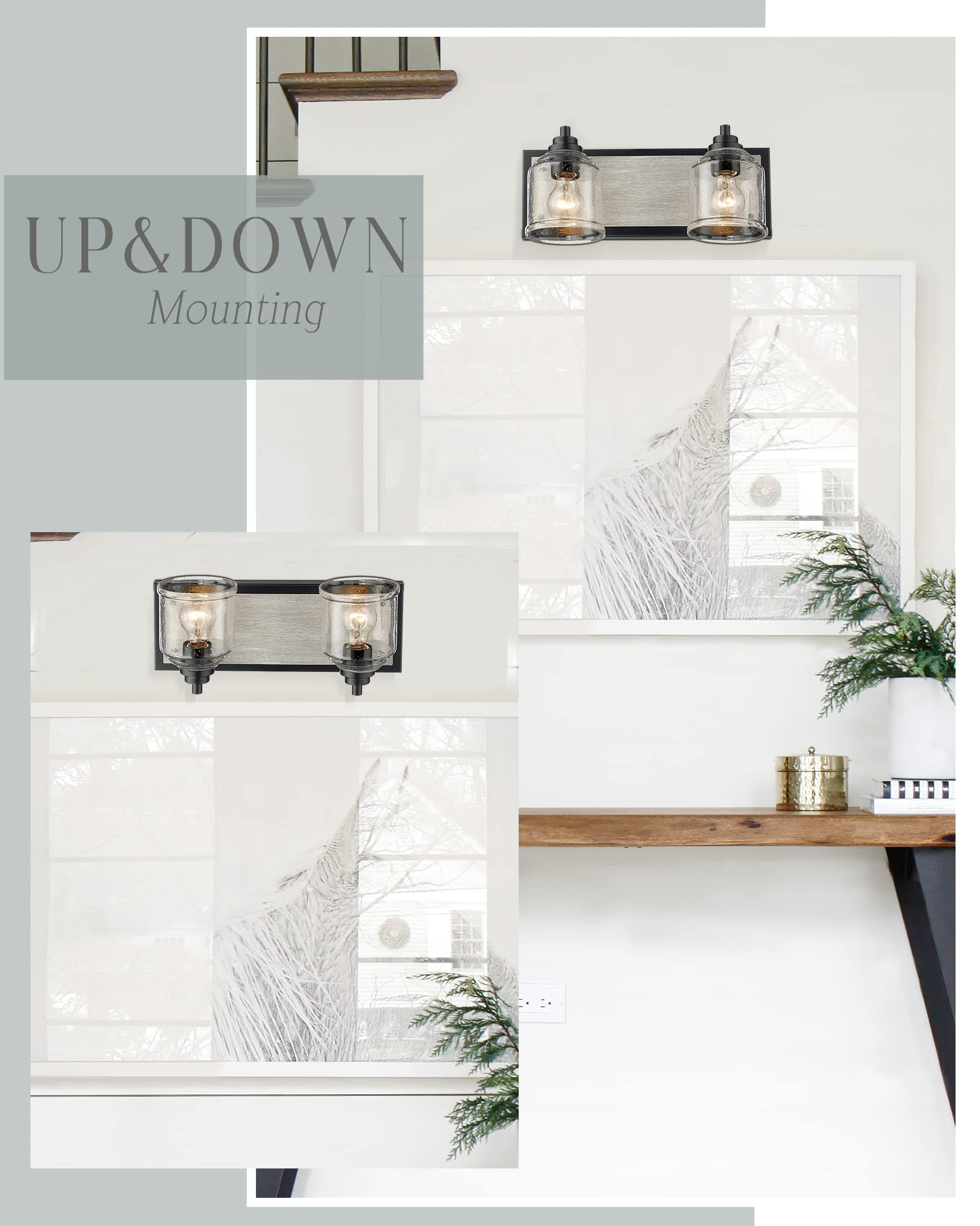 YKLITG Vanity Lights 2-Light Farmhouse Rustic Bathroom Fixture 15.8in Gray Metal Bubble Glass Shades Model BD005-2-BK