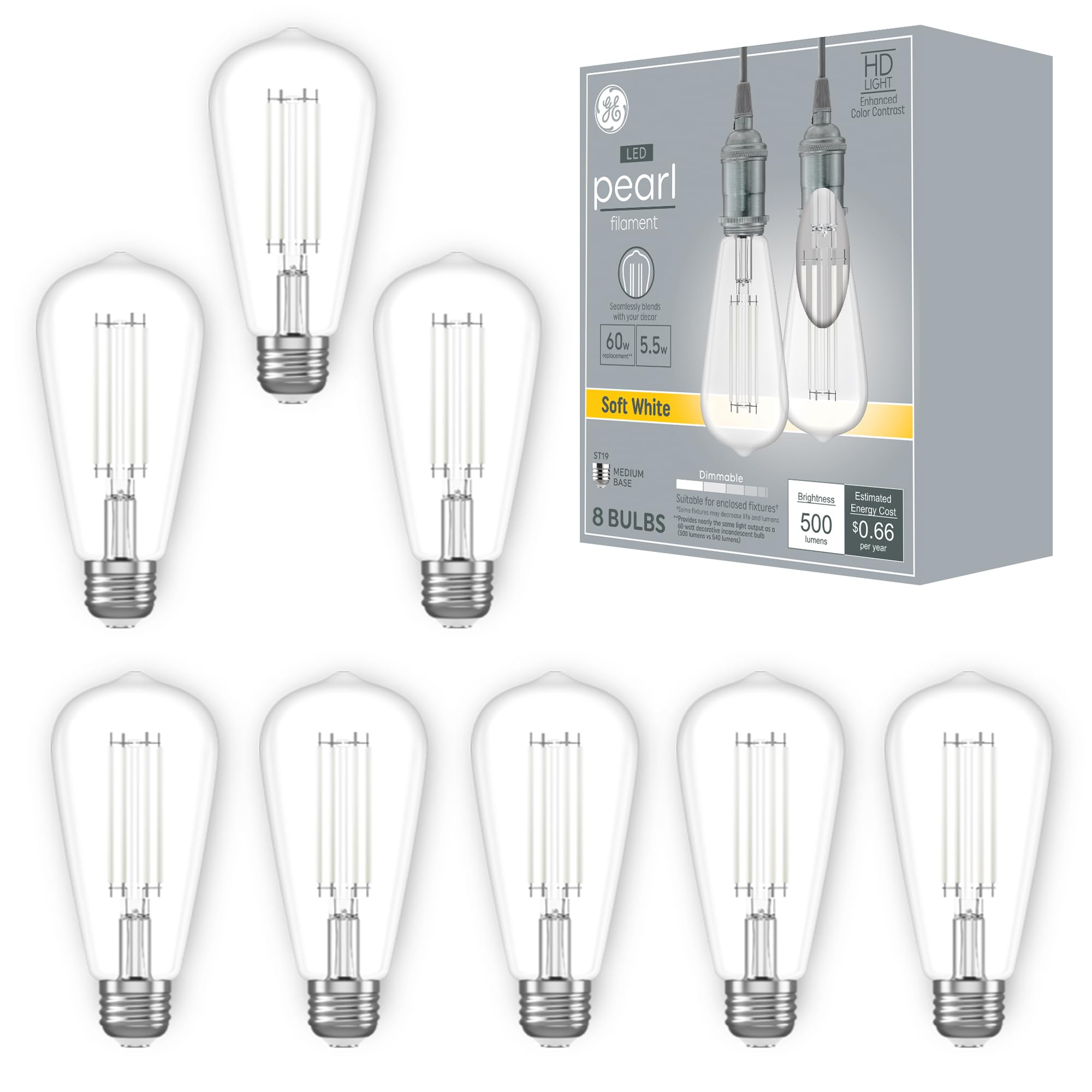 GE Pearl Filament LED Light Bulbs, ST19 Edison Style, High-Definition and Dimmable LED Bulbs, Soft White, 60-Watt Replacement, 1