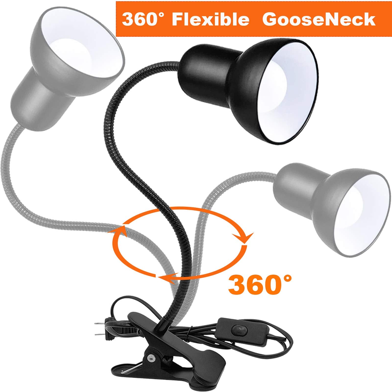 Beser·Win 360° Rotation Clip-On Desk Lamp, Portable Gooseneck Reading Light, Black, Plug-In, Model ME-Desk Lamp-0008