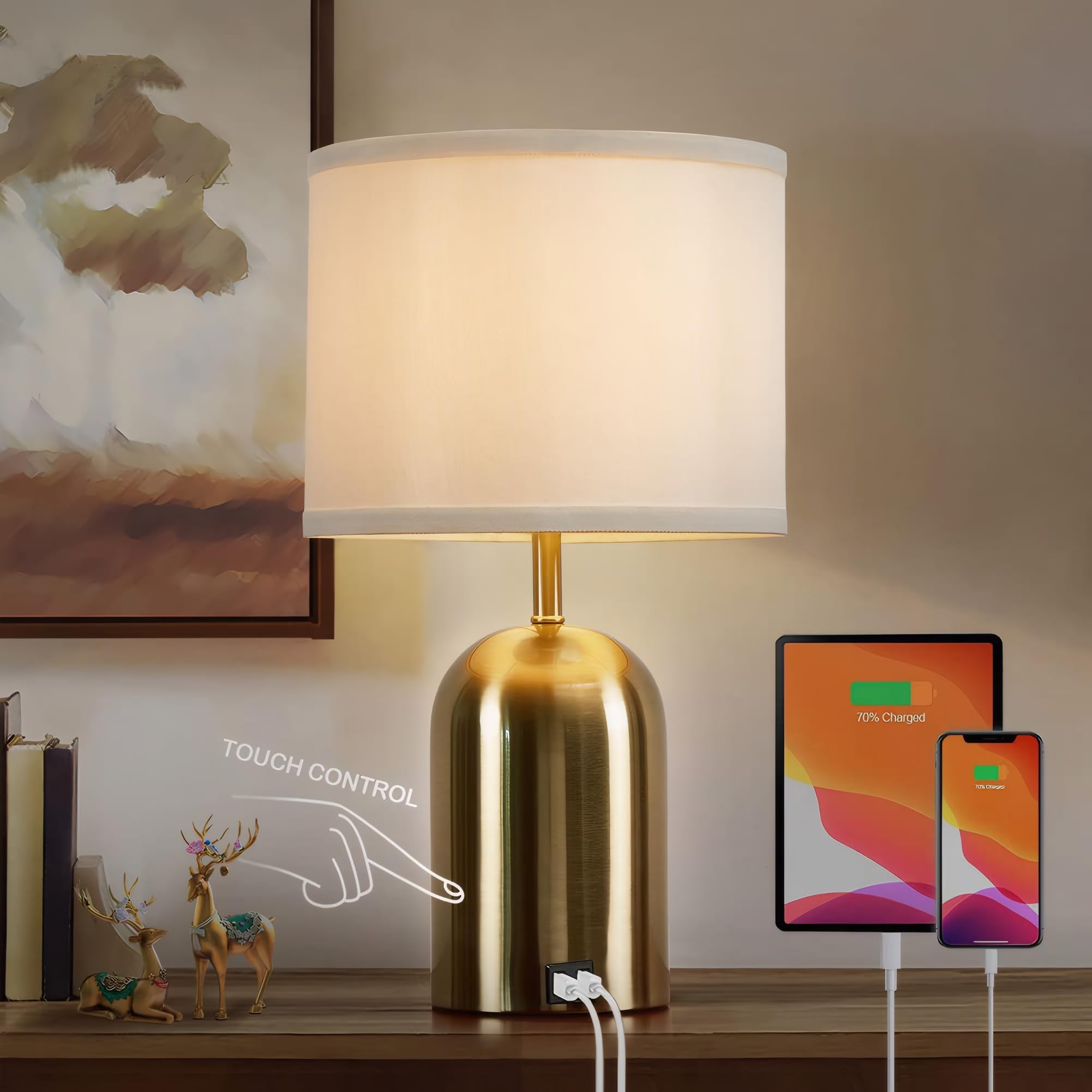 Gyrovu Touch Control Bedside Lamp, 3 Way Dimmable, Usb Port, Gold Fabric Shade, Led Bulb Included