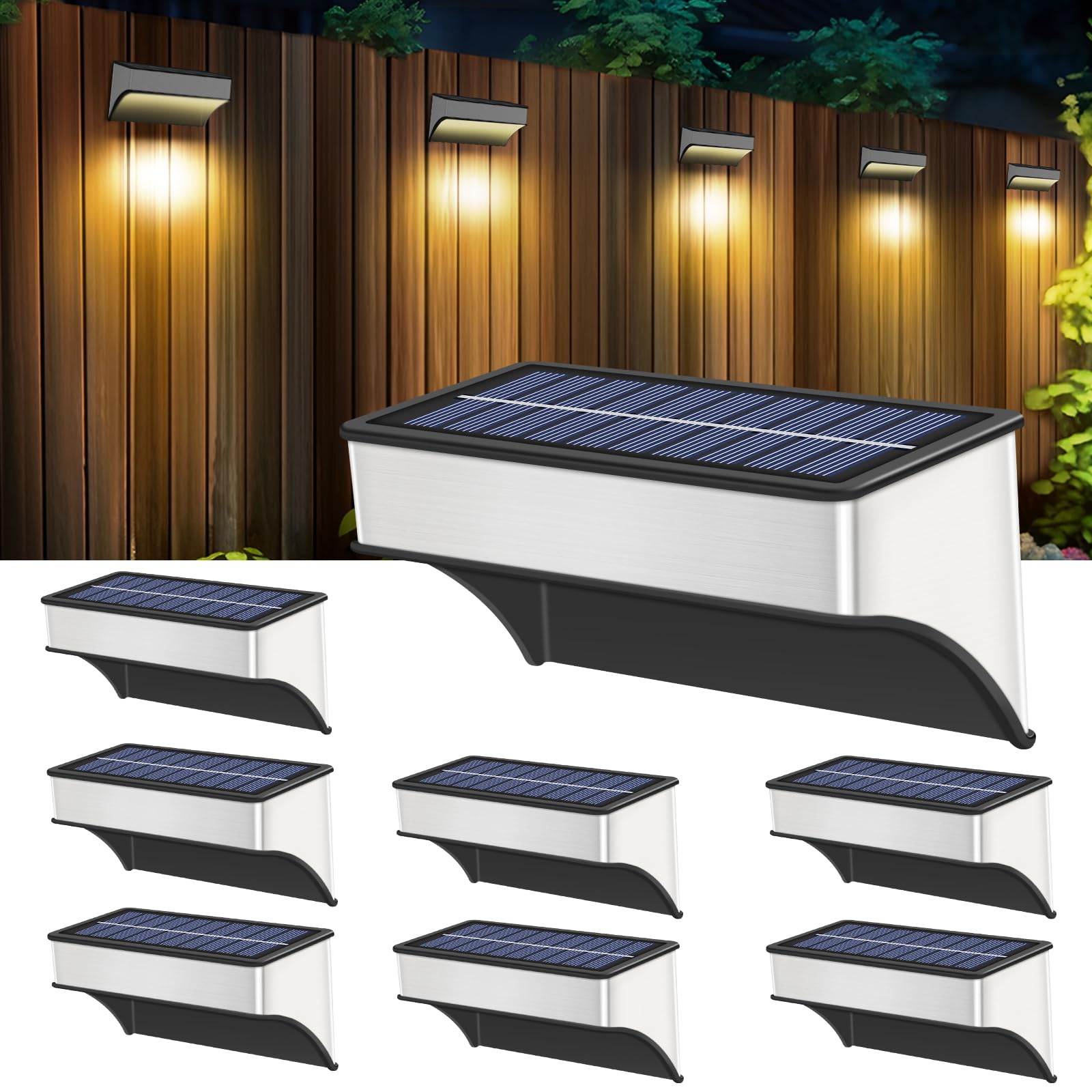 Solar Fence Lights Outdoor 8 Pack Waterproof, Bright 60 Lumen Led Aluminum Alloy Wall Lights, Upgrade 5 Modes 10 Color Warm & Cool White Rgb Solar Deck Lights For Back Yard, Step, Garden, Patio Decor