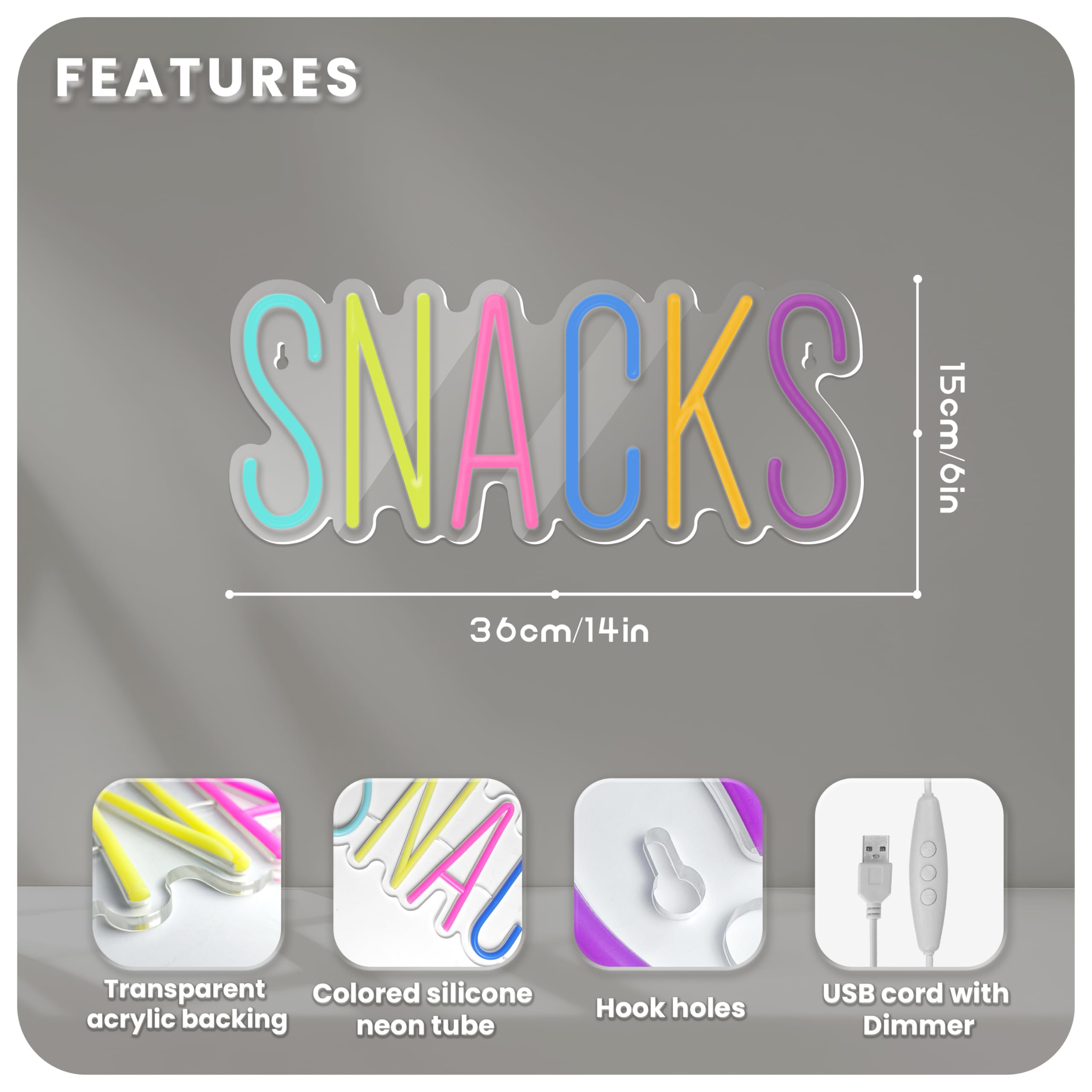 JIARODEY Snacks Neon Sign, Dimmable USB Powered, Acrylic Wall Decor, 14x6 Inch, Colorful, Snack Bar Art