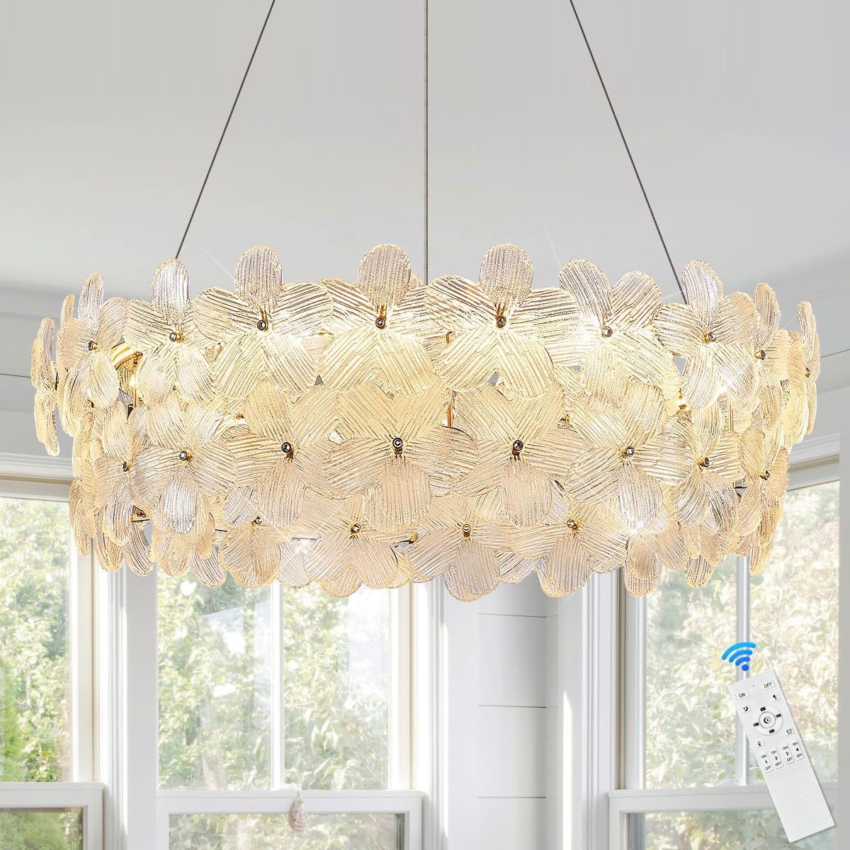 Poemoon D32 Flower Luxury Crystal Modern LED Chandelier Gold Dimmable 3000-6500K Large Contemporary Chandeliers Light with Remot