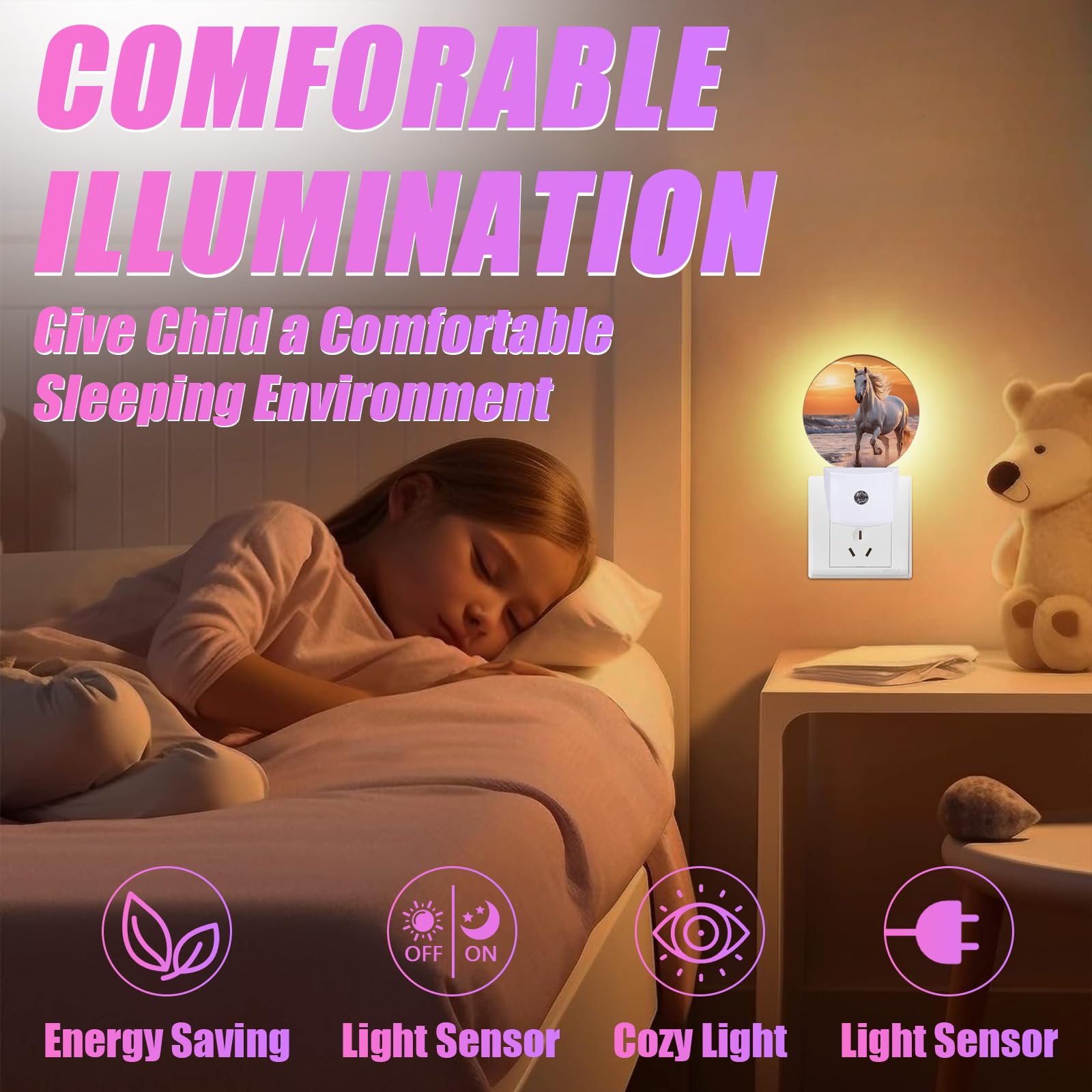 Gantinir Running Horse Night Light Sunset Night Lights Led Lamp Round Plug Into Wall Nightlight With Dusk To Dawn Sensor Home Hallway Stairway Kitchen Decor
