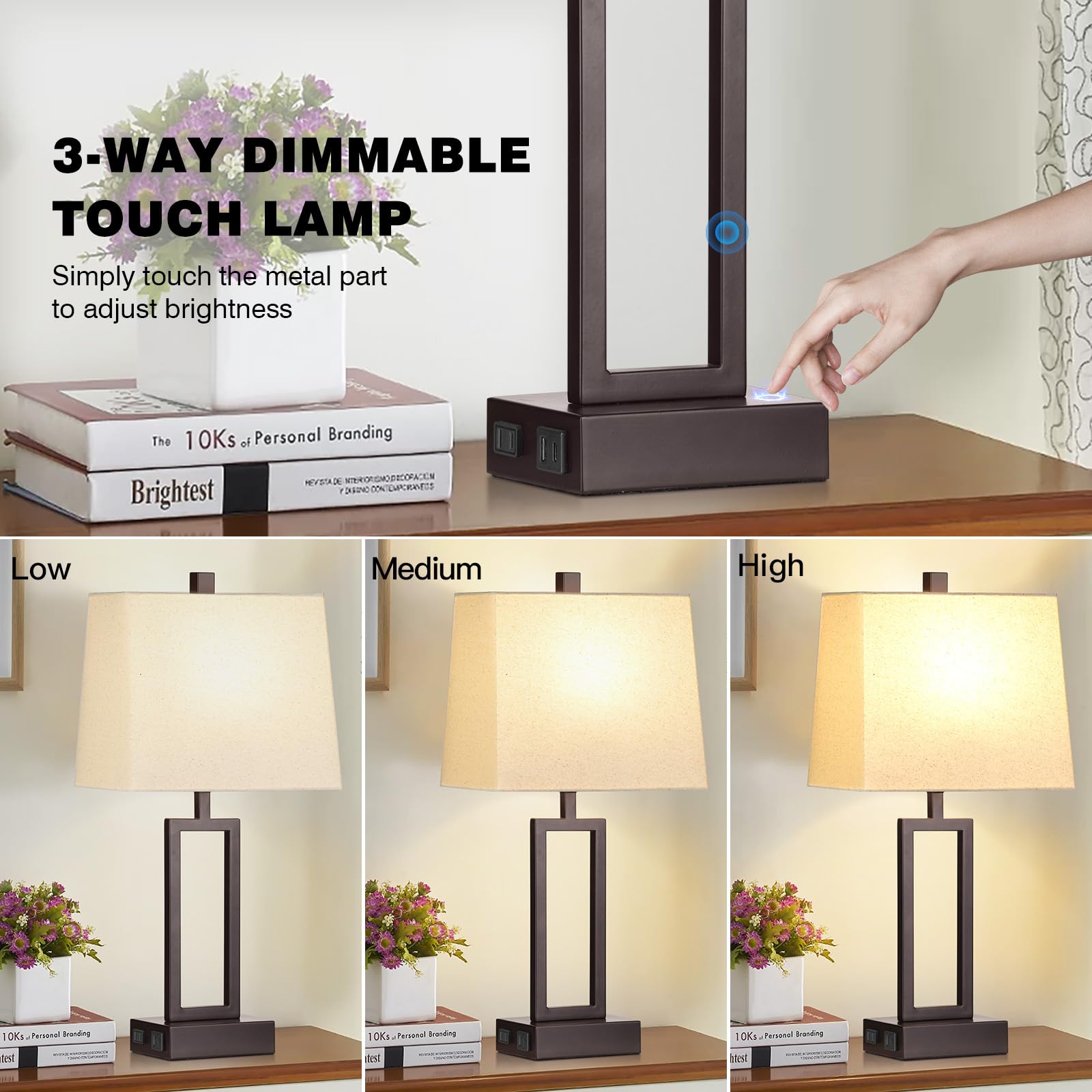 Rinweey Touch Control Table Lamps Set Of 2, Modern Brown Bedside Lamps With Usb A+C Ports & Ac Outlet, 3 Way Dimmable Contemporary Nightstand Lamps For Bedroom Living Room(Led Bulb Included)