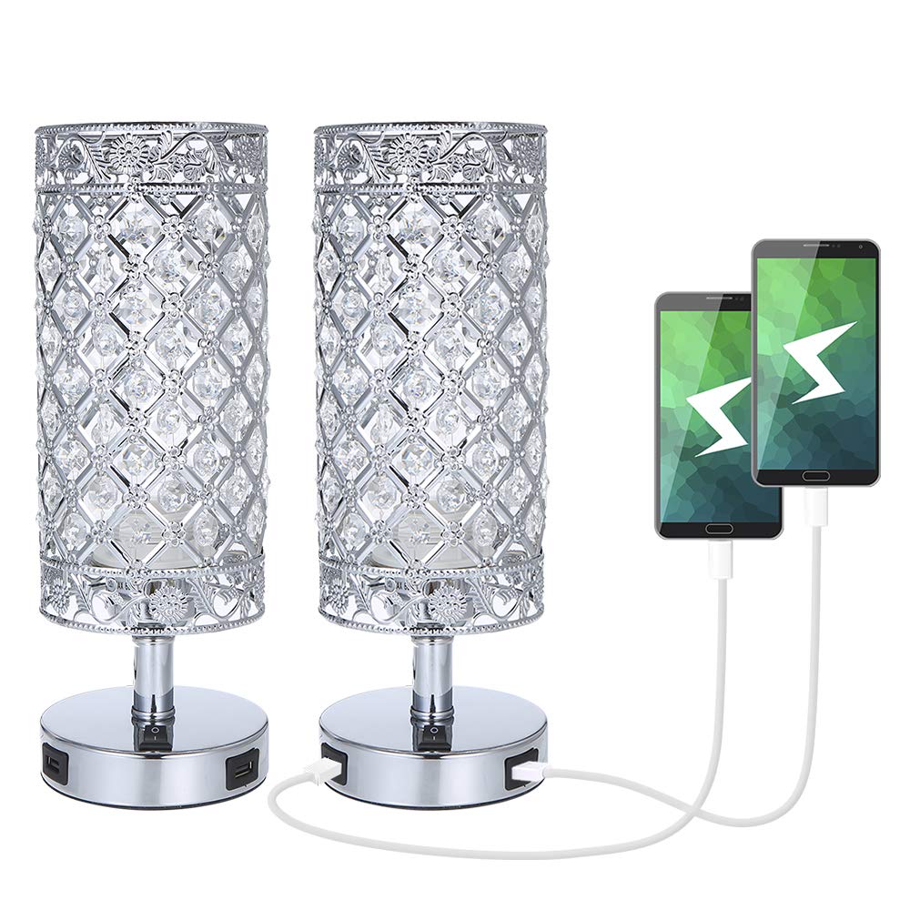 Tomshine USB Crystal Table Lamp Set of 2, Modern Silver Nightstand Lamps with USB Charging Ports, Model VC070