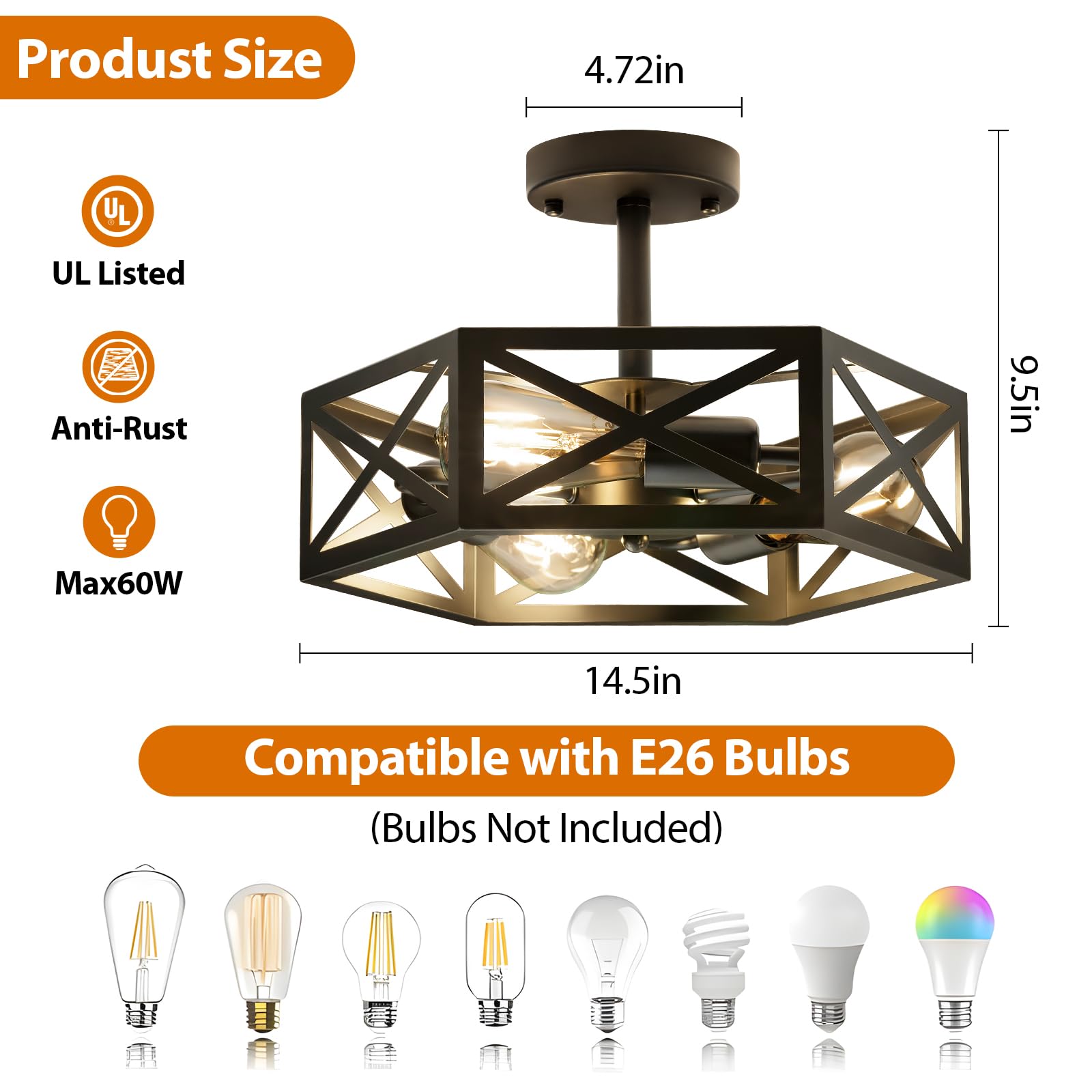 Oteedo Modern Semi Flush Mount Ceiling Light 3-Light Hexagon Flush Mount Ceiling Lights For Dining Room Light Fixture Farmhouse Black Metal Kitchen Island Lighting Fixtures For Hallway Bathroom