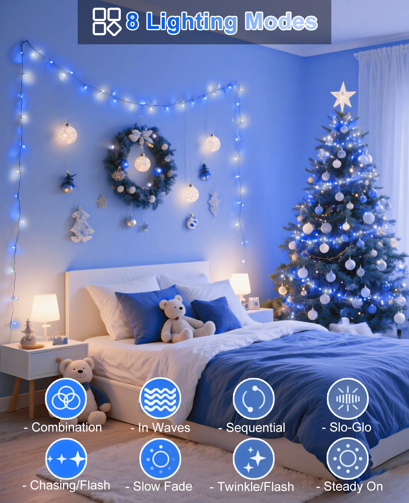 Xmasbokeh Blue White Christmas Lights Outdoor  80Ft 240 Led Christmas Tree Lights Waterproof Plug In  8 Modes Connectable Christmas Decorations Green Wire For Indoor Bedroom House Patio Holiday