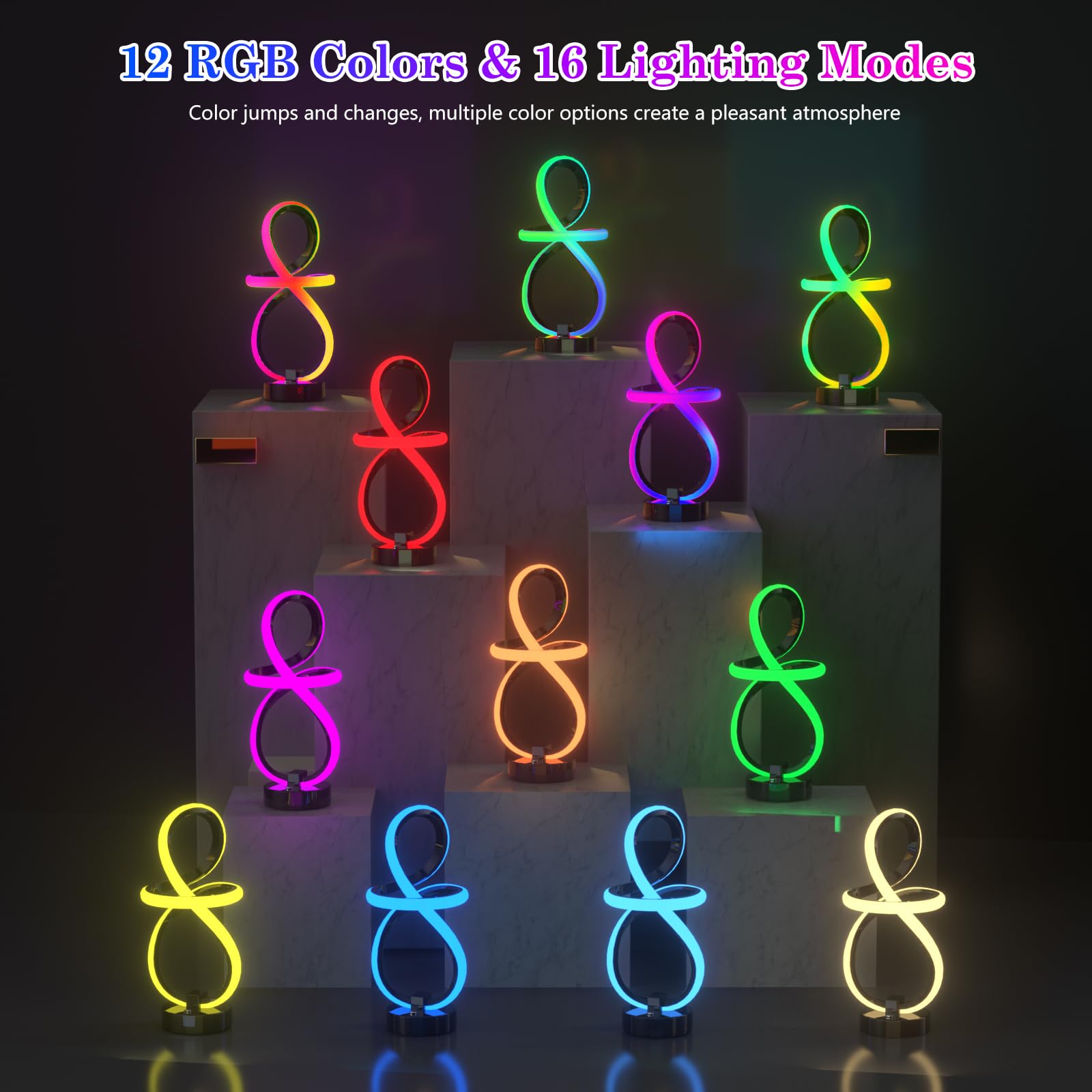 PutWish Spiral LED Table Lamp, 16 RGB Modes, Touch & Remote Control, 3-Way Dimmable, Black, Model MT7195-1