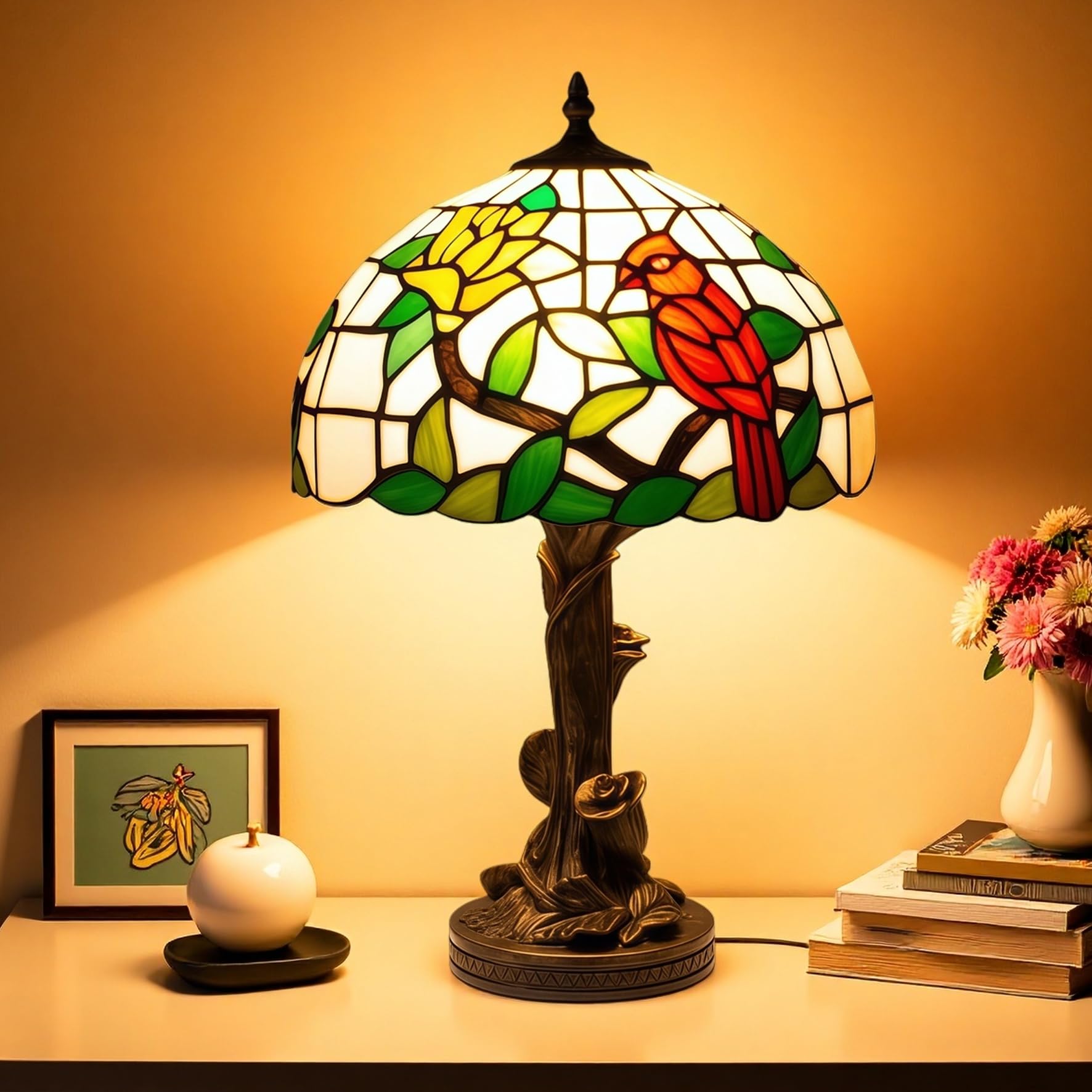 Exporify Tiffany Style Cardinal Stained Glass Table Lamp, 12-Inch Full-Size Accent Light for Living Room, Bedroom, or Entryway -