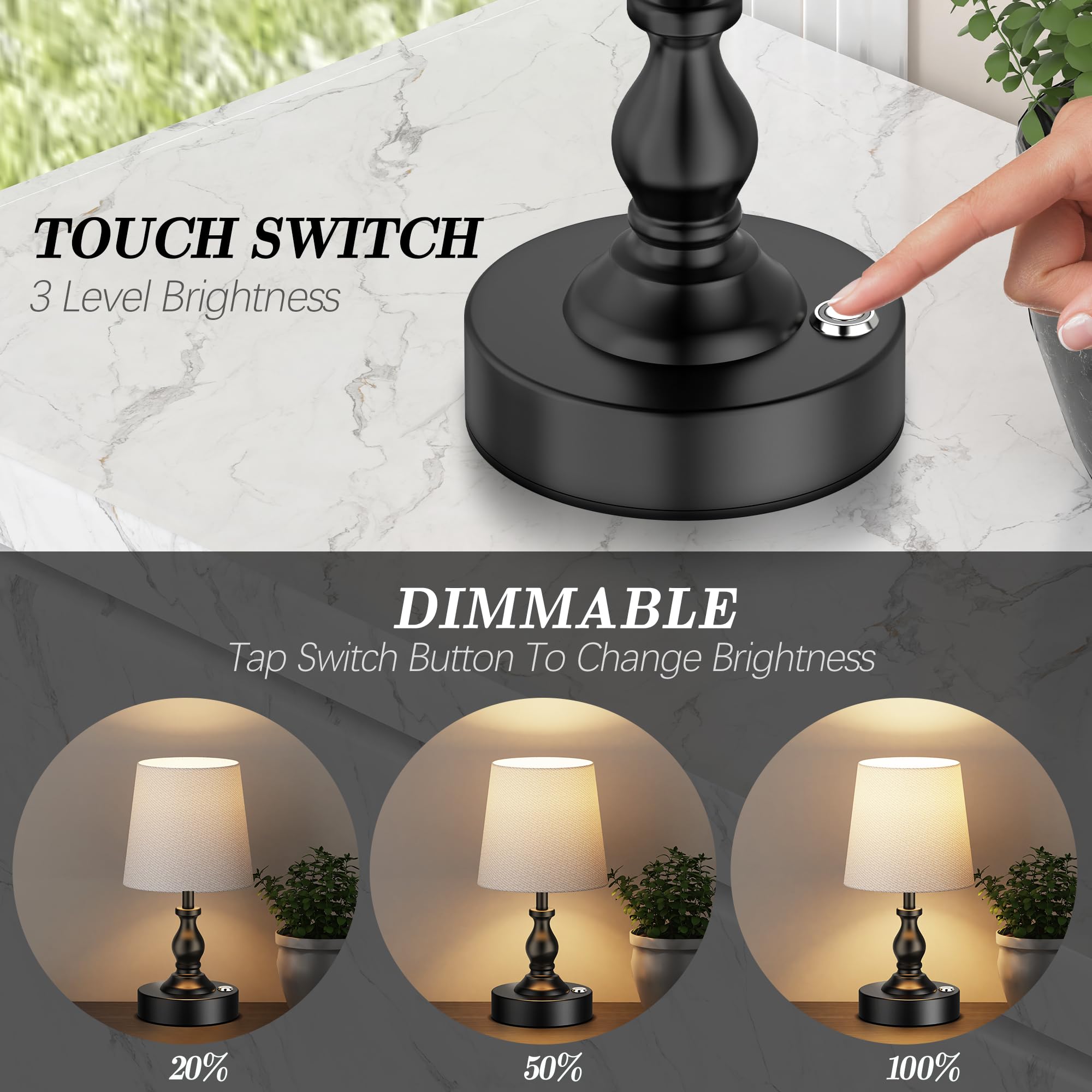 PARTPHONER Mini Cordless LED Table Lamp, 5200mAh Rechargeable, Touch Dimmable, Matte Black, Model STR-LP-TL001